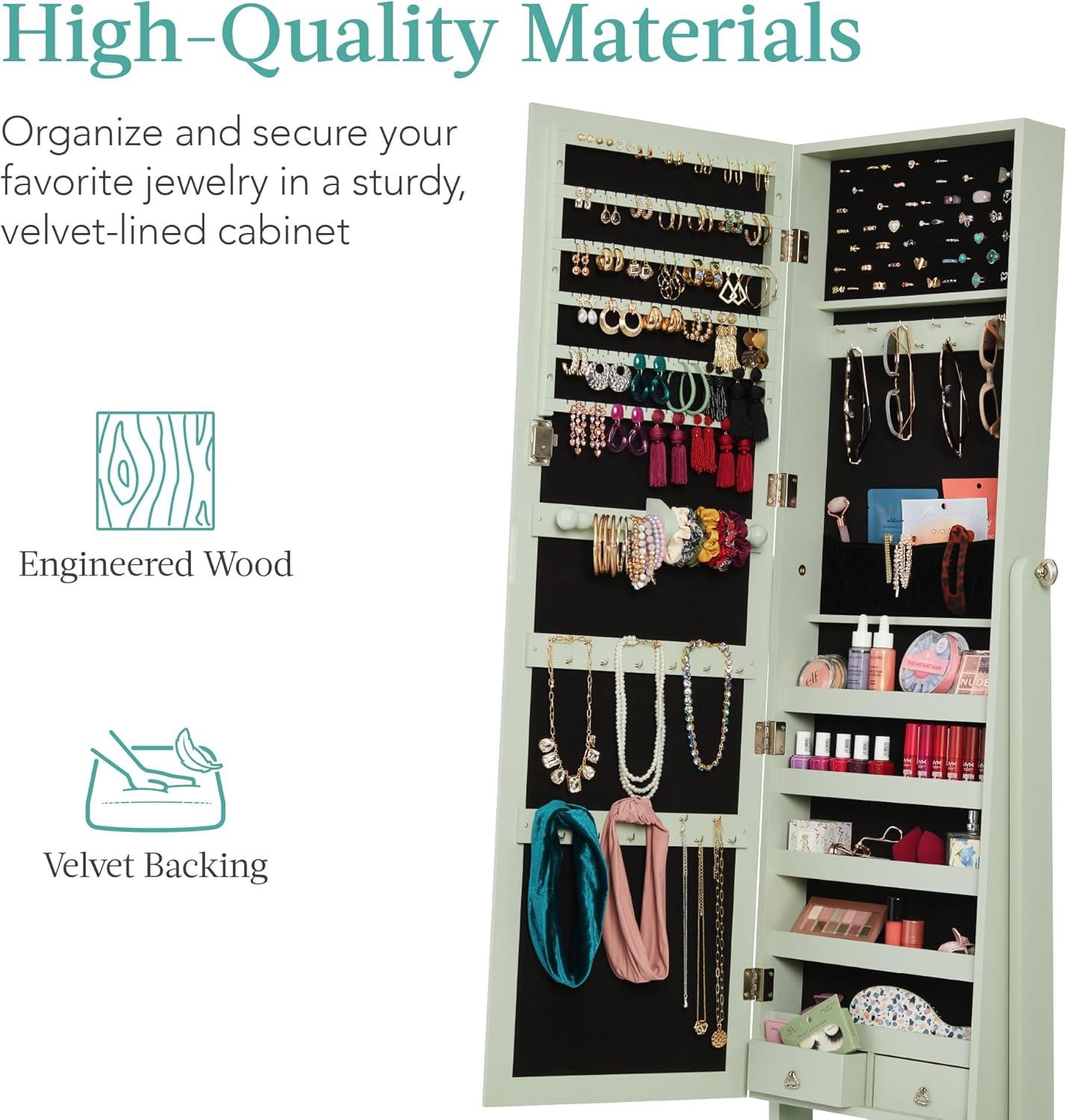 Best Choice Products Jewelry Armoire Cabinet, Full Length Mirror w/ Velvet Storage Interior, Lock - Sage