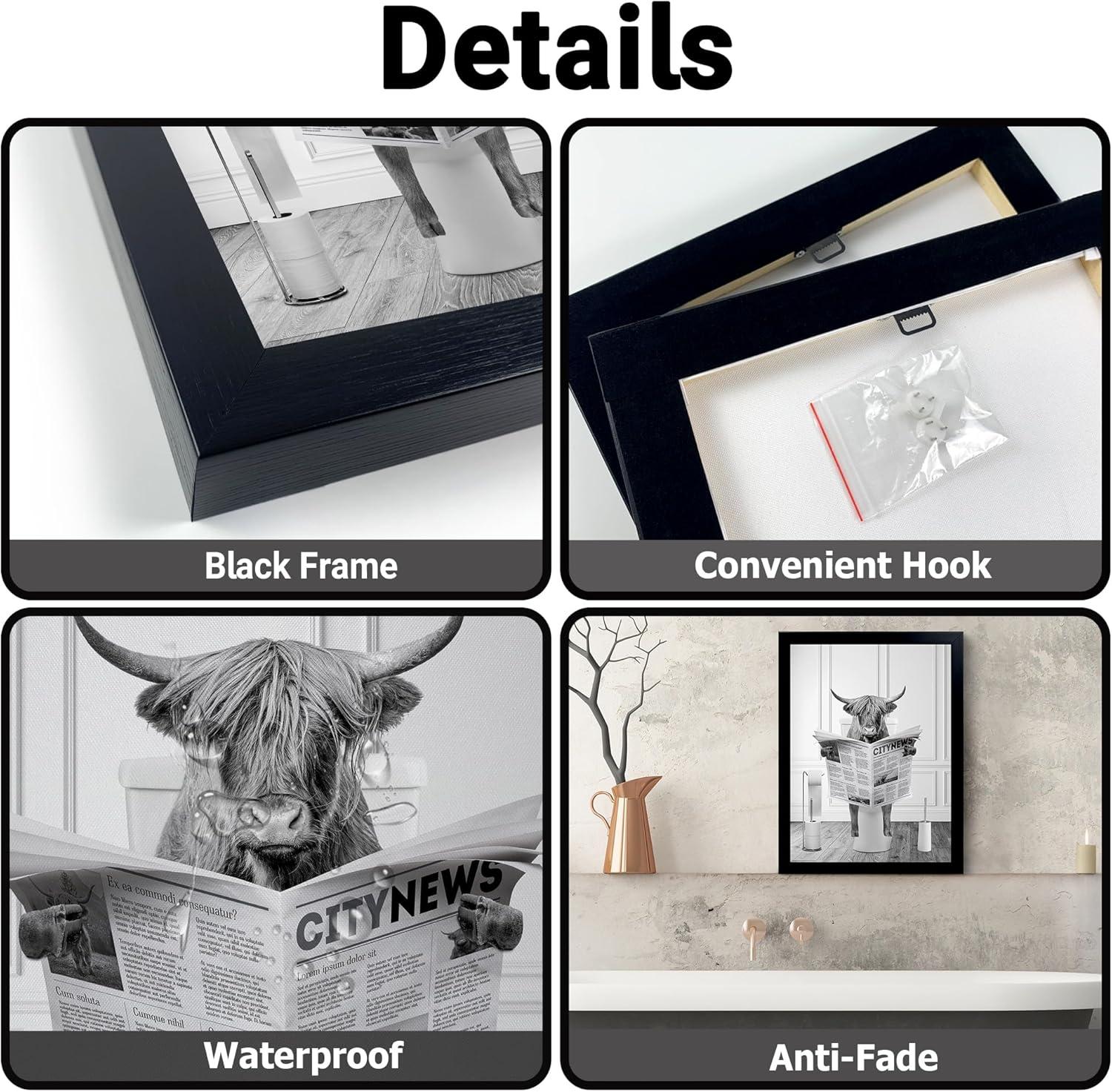 Funny Scottish Highland Cow Wall Art, Black and White Canvas, Rustic Farmhouse Style Decor Ready To Hang (8" W x 10" H)