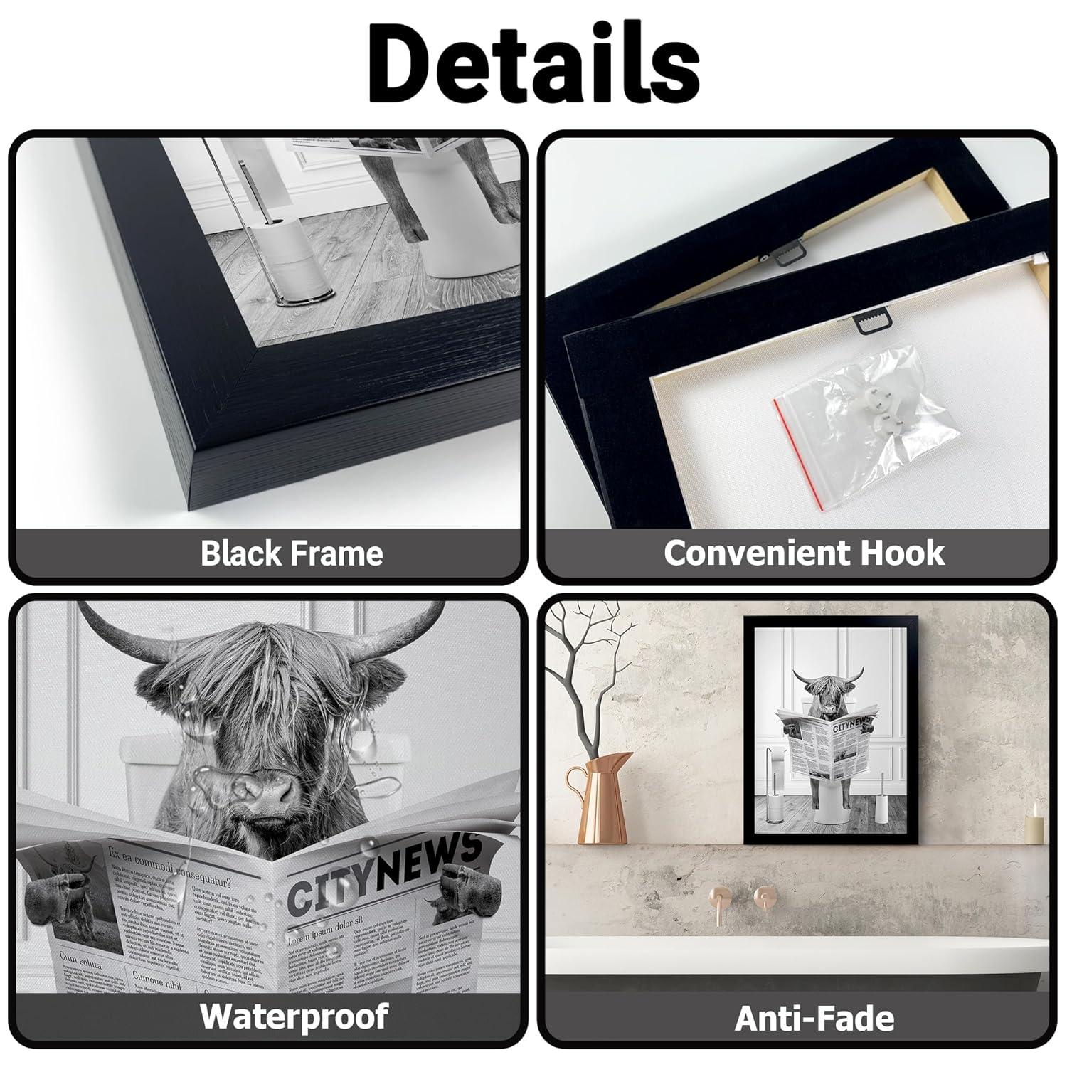 Modern Black Framed Highland Cow Wall Art Minimalist Bathroom Wall Decor Cute Funny Animals Artwork Canvas Prints Ready to Hang for Guest Bathroom, Hotel, Condo, Kids Bathroom, 12”x16”