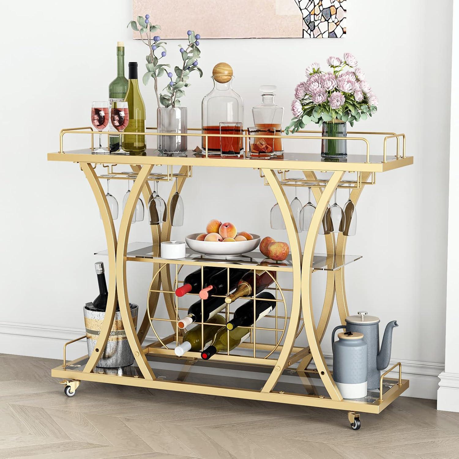 Gold Bar Carts with Glass Holders & Wine Rack,3 Tier,Glass Shelves