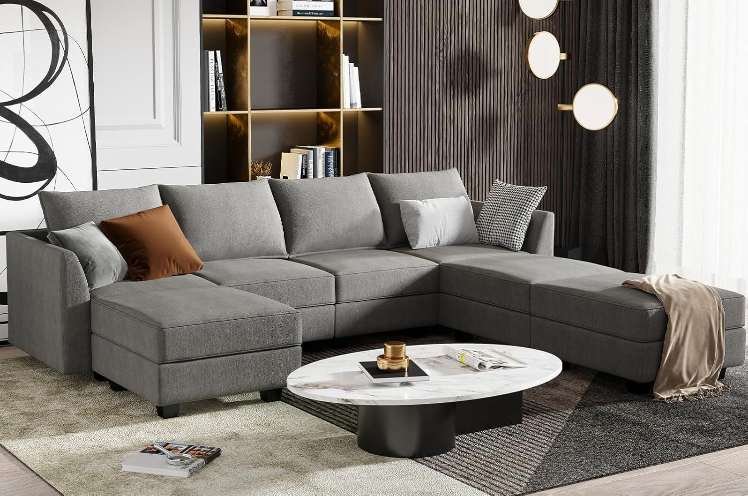 HONBAY U Shape Modular Sectional Sofa with 7 Seaters Sofa Couch with Storage Reversible Chaises, Grey