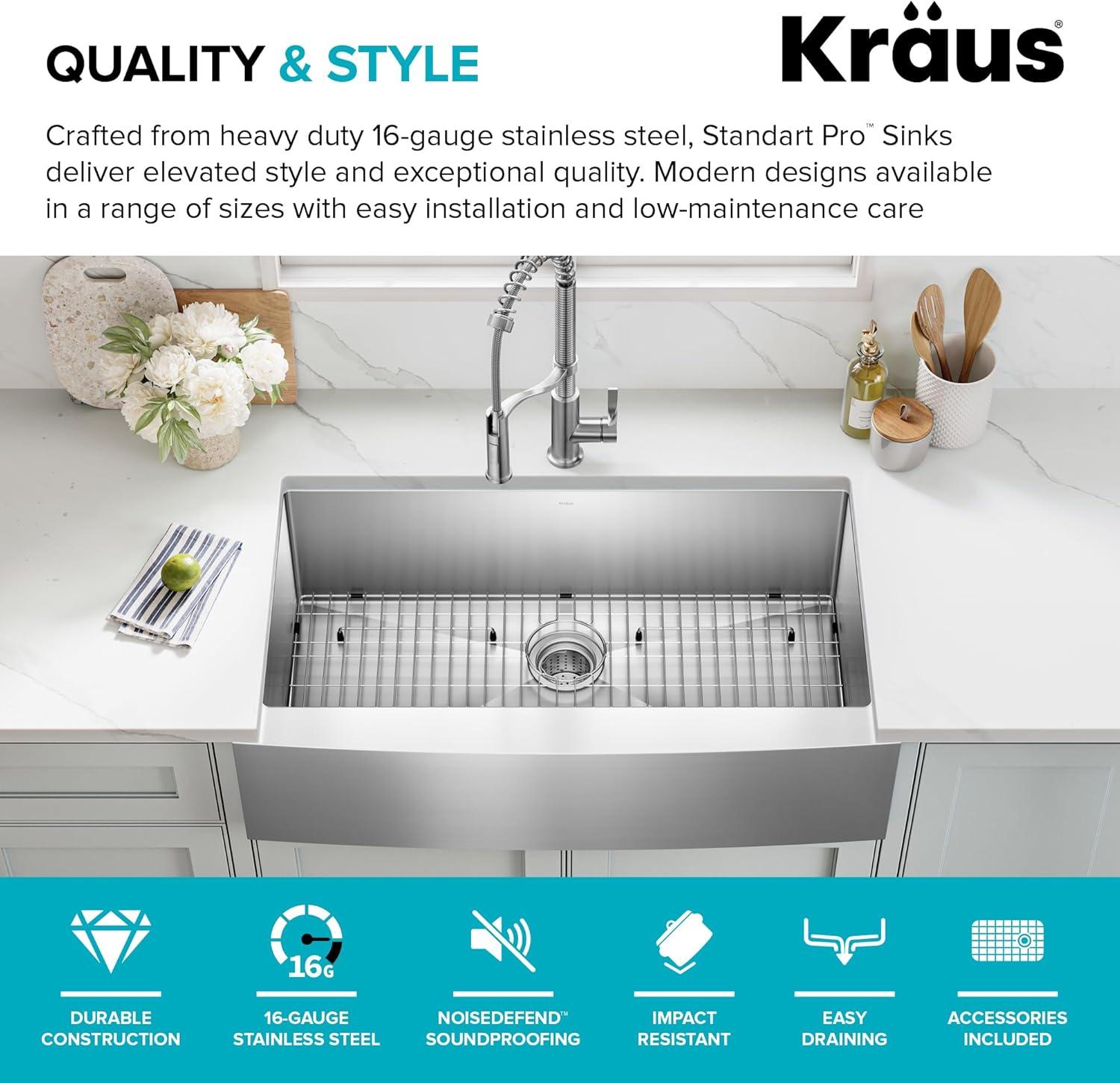 KRAUS Standart Pro Apron Front Farmhouse 16 Gauge Single Bowl Stainless Steel Kitchen Sink