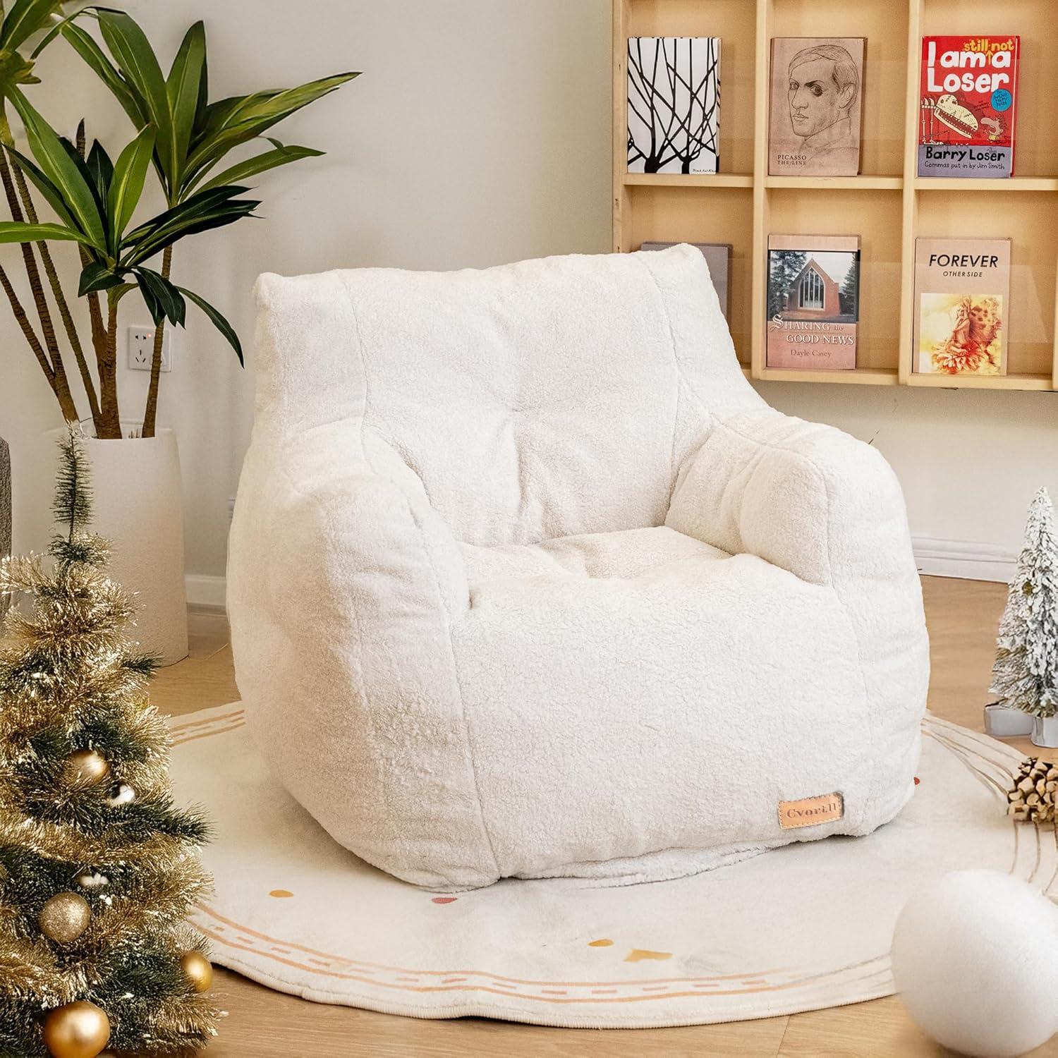 White Faux Fur Tufted Bean Bag Chair with Memory Foam