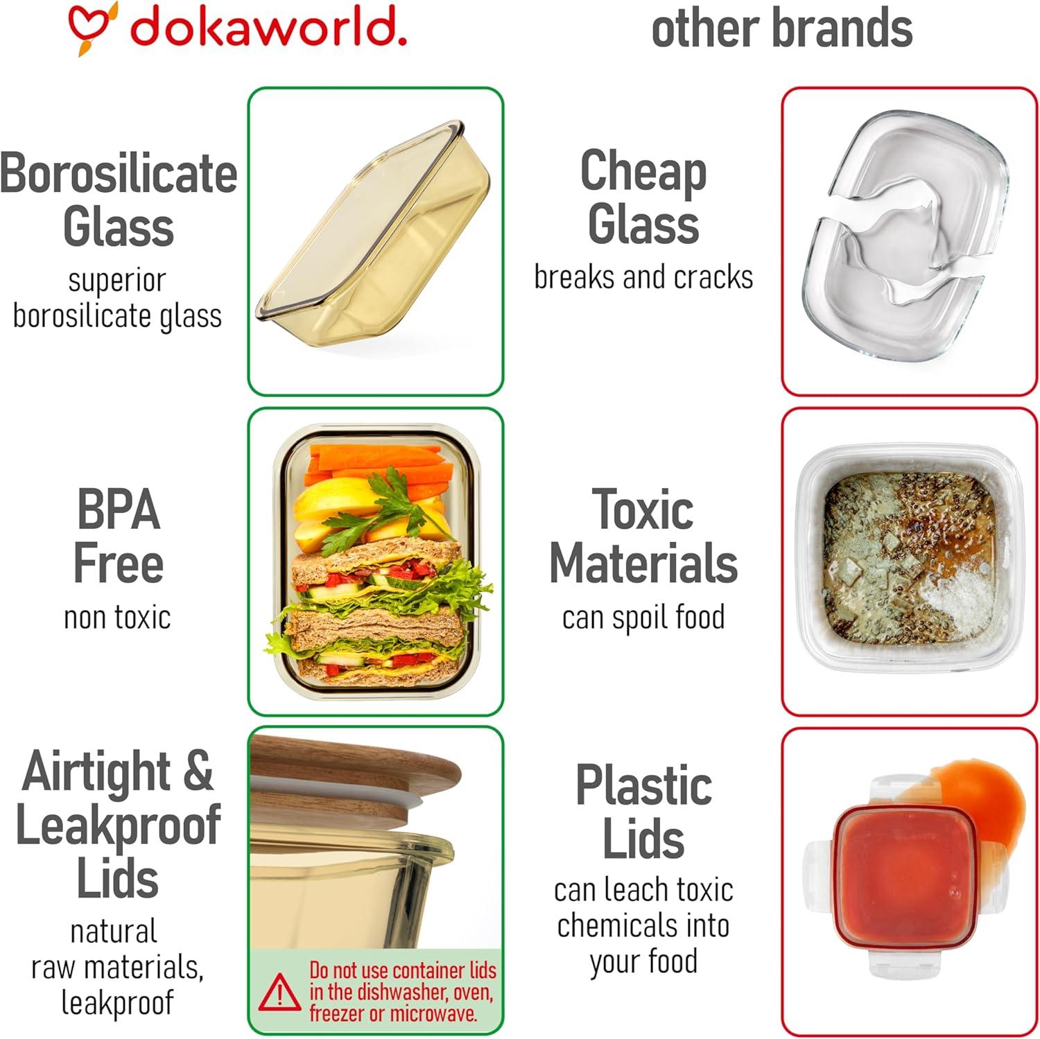 Amber Glass Meal Prep Containers with Acacia Lids, Set of 4