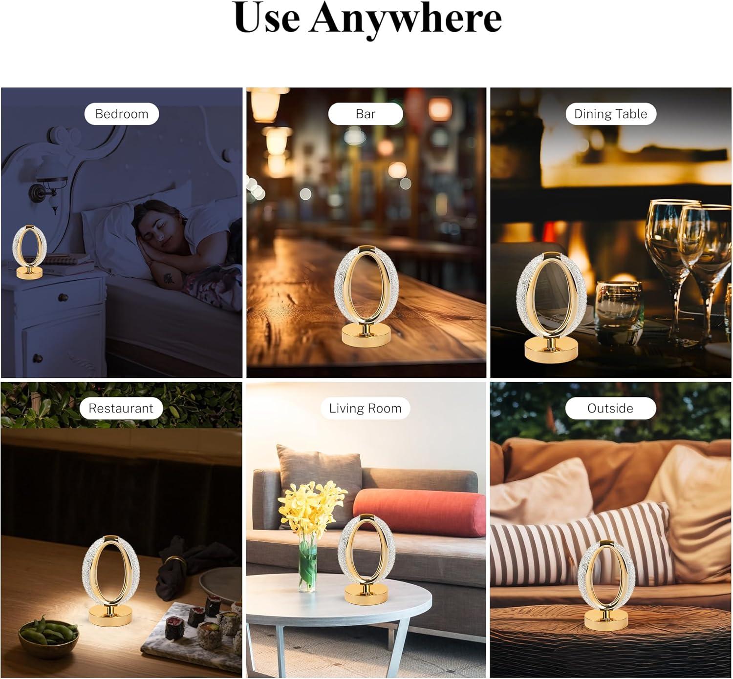 Bell and Howell Hudson Table Lamp 2 Pack Small Cordless Touch LED Rechargeable Oval Ring Lamp Bedside Desk Gold Base