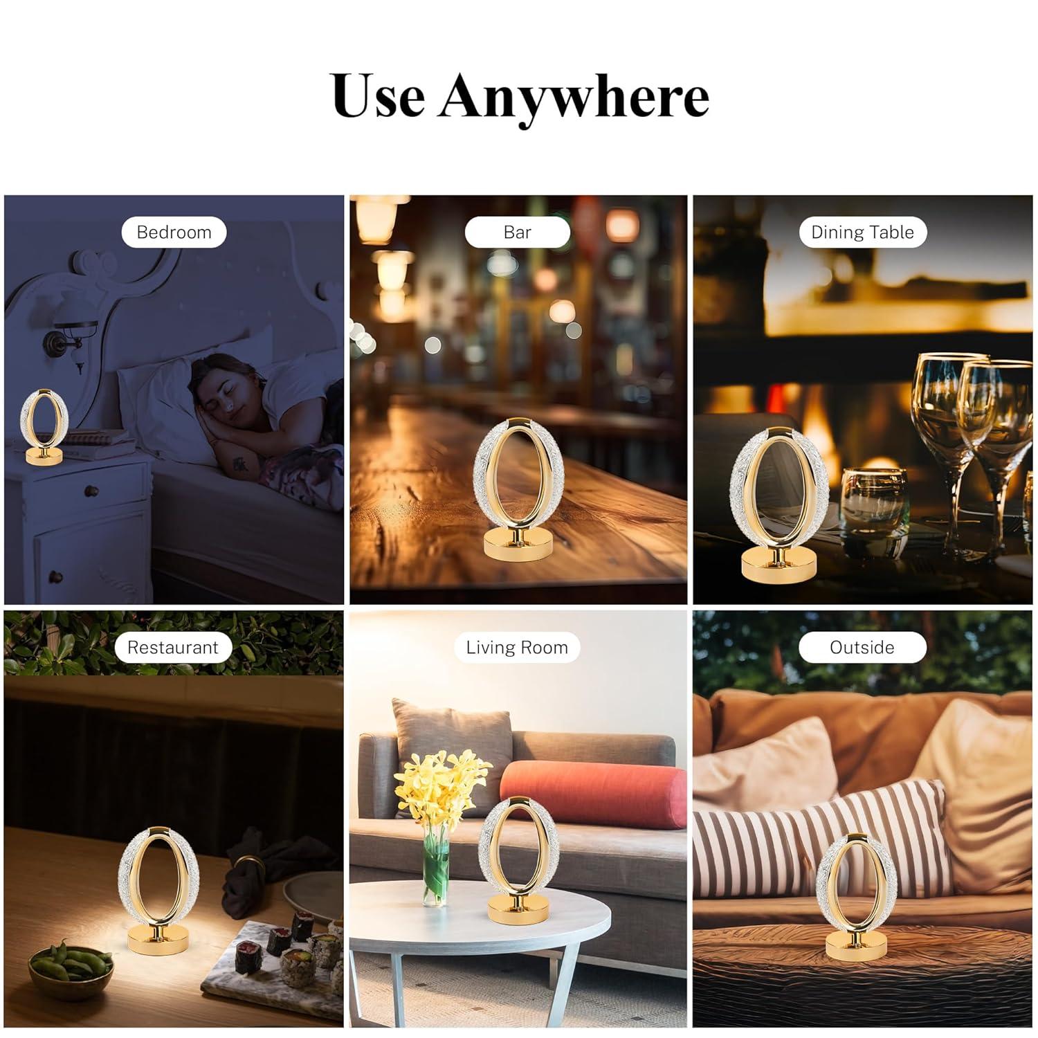 Bell and Howell Hudson Table Lamp 2 Pack Small Cordless Touch LED Rechargeable Oval Ring Lamp Bedside Desk Gold Base