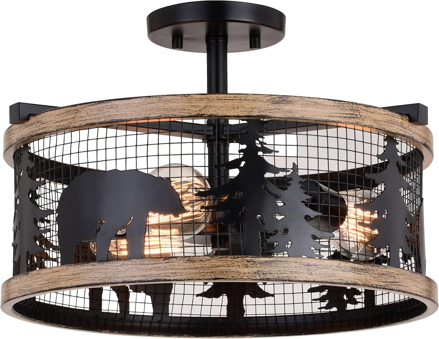 Kodiak Rustic Black and Teak 16" Drum Ceiling Light