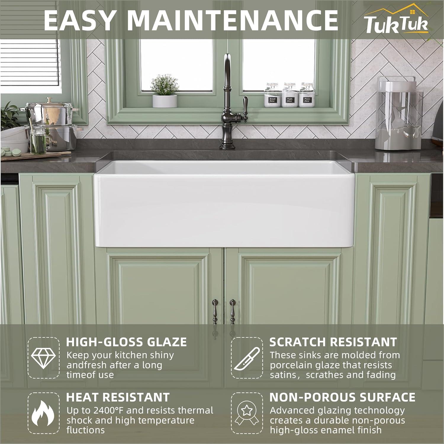 TUKTUK White Farmhouse Sink 30X20 inch Fireclay Farm Sink Apron Undermount Kitchen Sink Single Bowl Extra Wide Large Capacity Drop-in Modern Kitchen Sink with Luxury Bottom Grid & Strainer