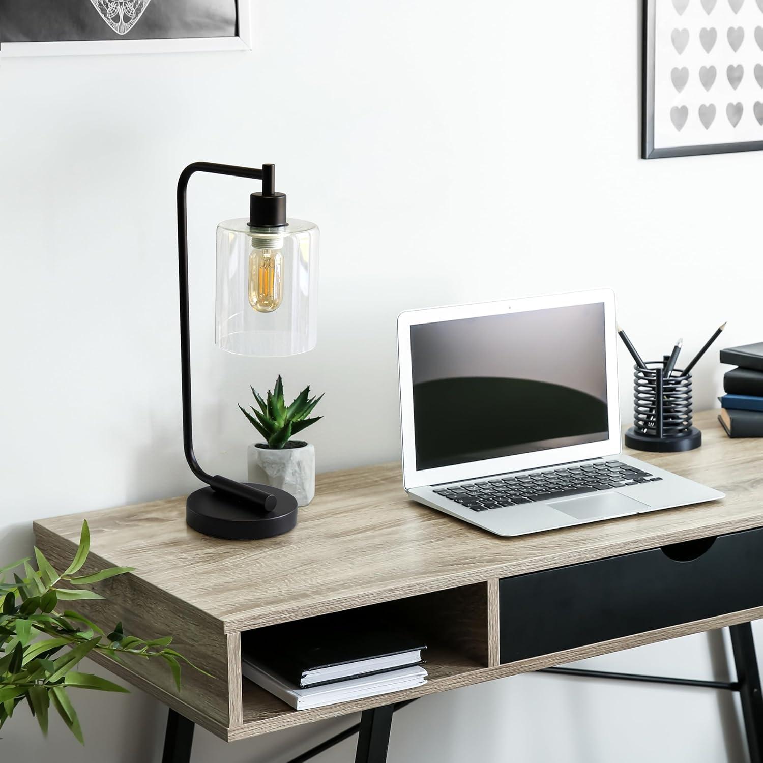 Simple Designs Metal 16" Industrial Desk Lantern in Black with Clear Shade