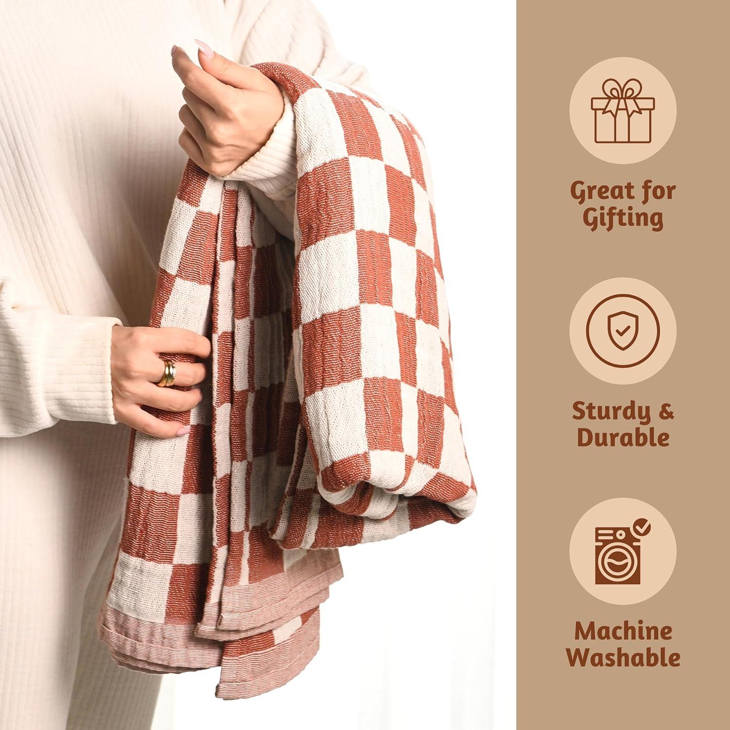 100% Cotton Throw Blanket, Rust Checks, 50x60in, Soft, Lightweight, Travel, Napping, All Seasons, Machine Wash (Rust)