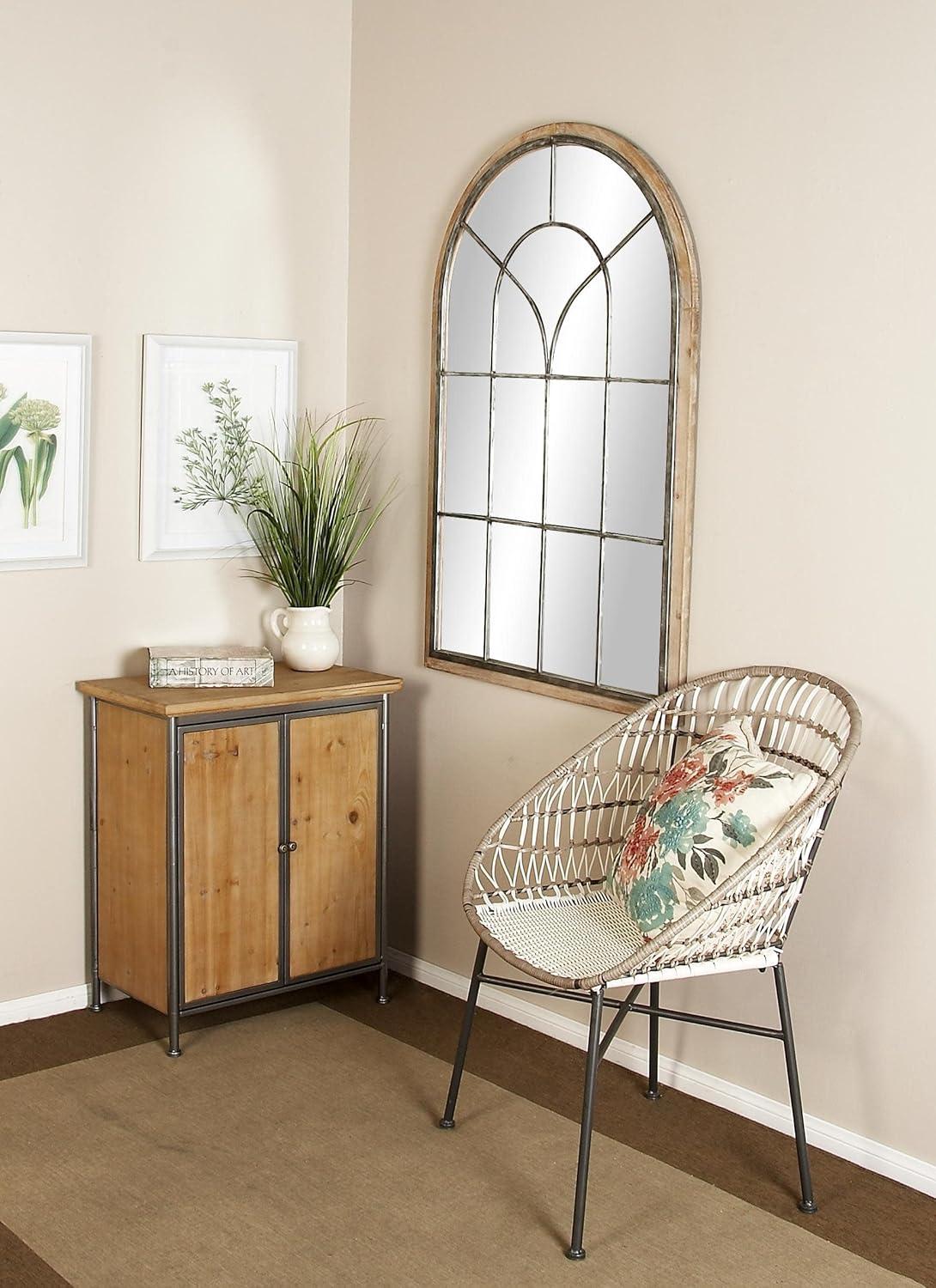 Arched Windowpane Silver and Wood Wall Mirror