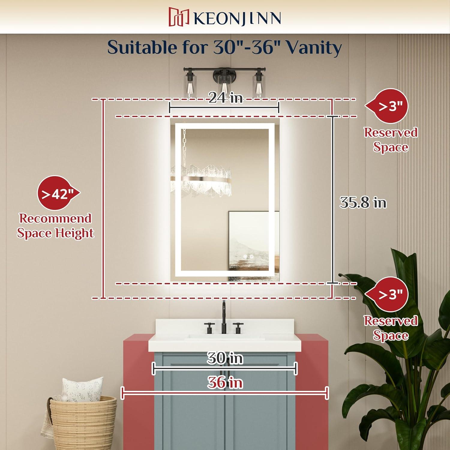 Keonjinn LED Bathroom Vanity Mirror, Front Light & Backlit, 3 Color Temperatures, Anti Fog, Double Lights Strips, 24"x32"