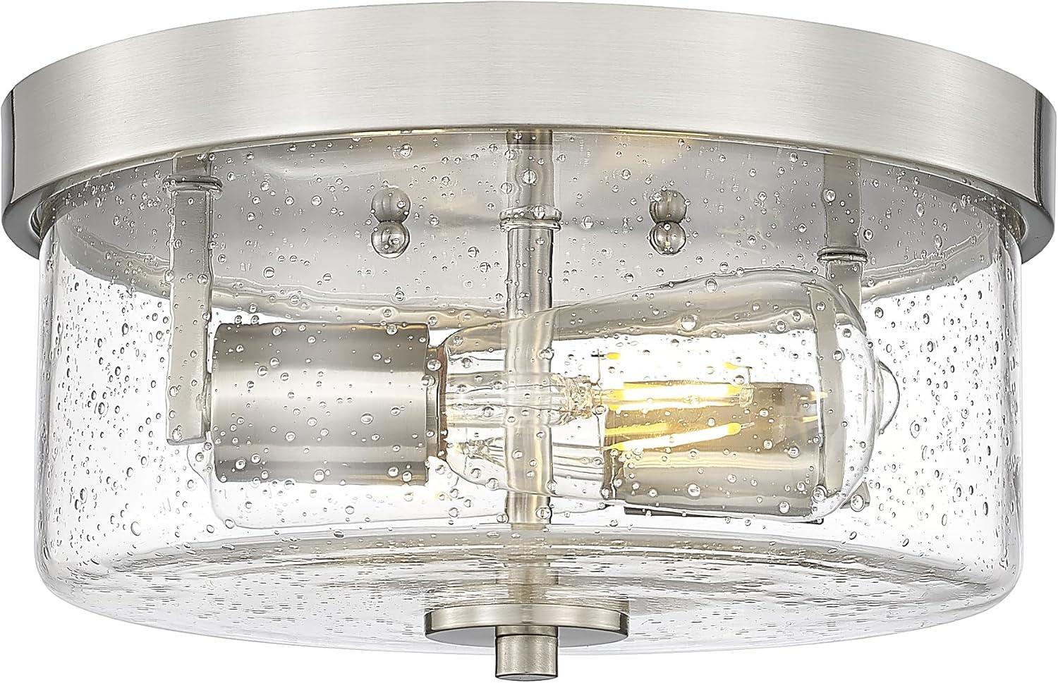 Brushed Nickel 2-Light Round Flush Mount with Seeded Glass Shade