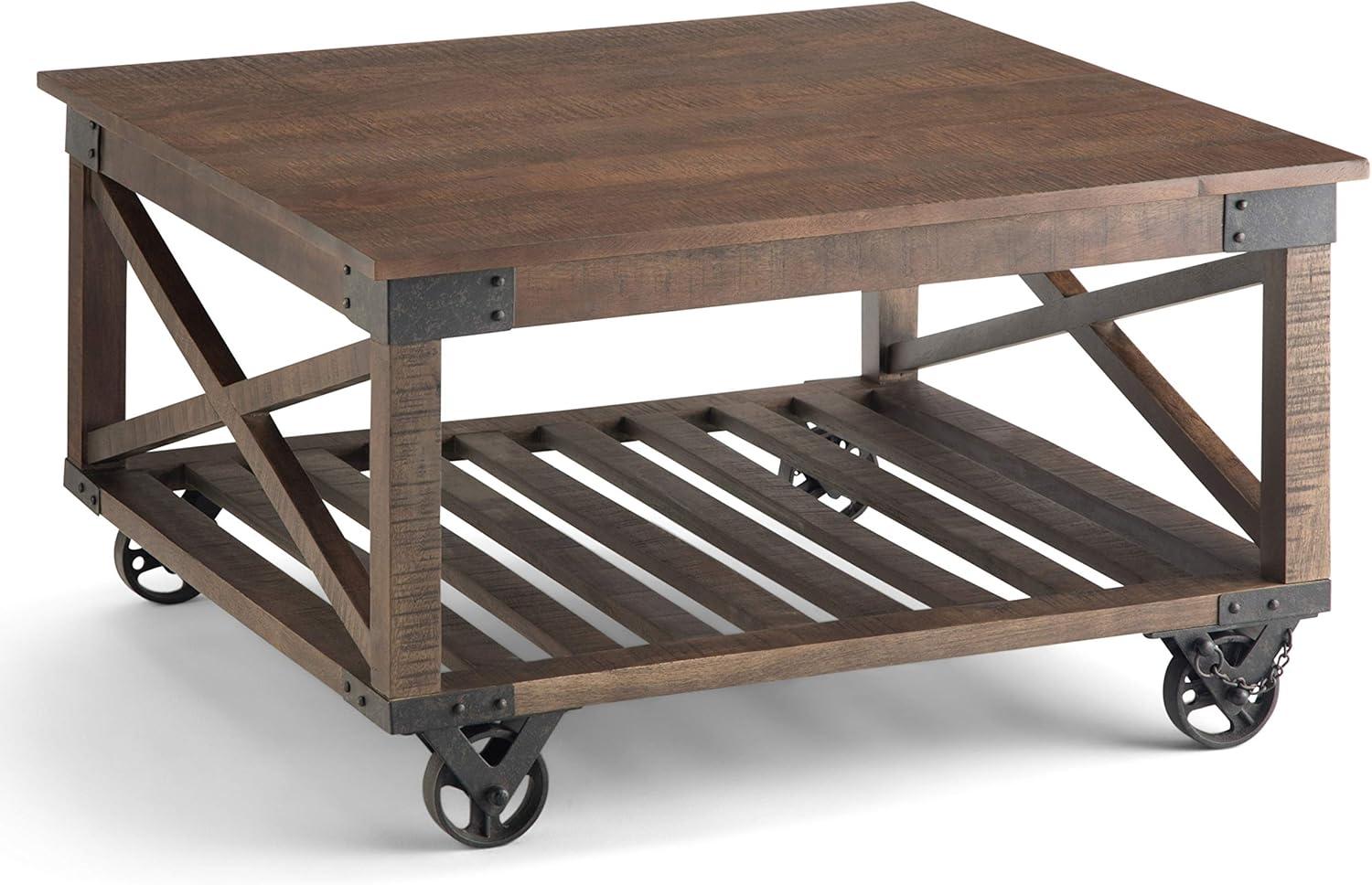 Harding Distressed Dark Brown Solid Mango Wood Square Coffee Table with Iron Wheels