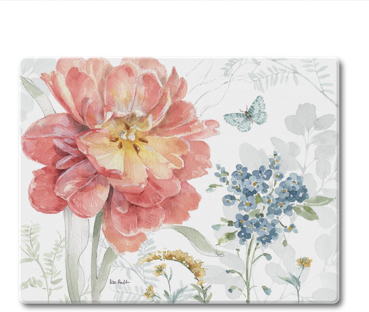 Spring Meadow Floral Tempered Glass Cutting Board with Non-Slip Feet