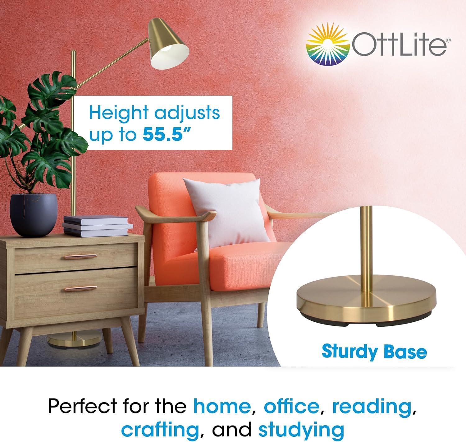 OttLite OttLite Archer Floor Lamp - Mid-Century Modern Design, Satin Brass Finish, LED, Adjustable Shade