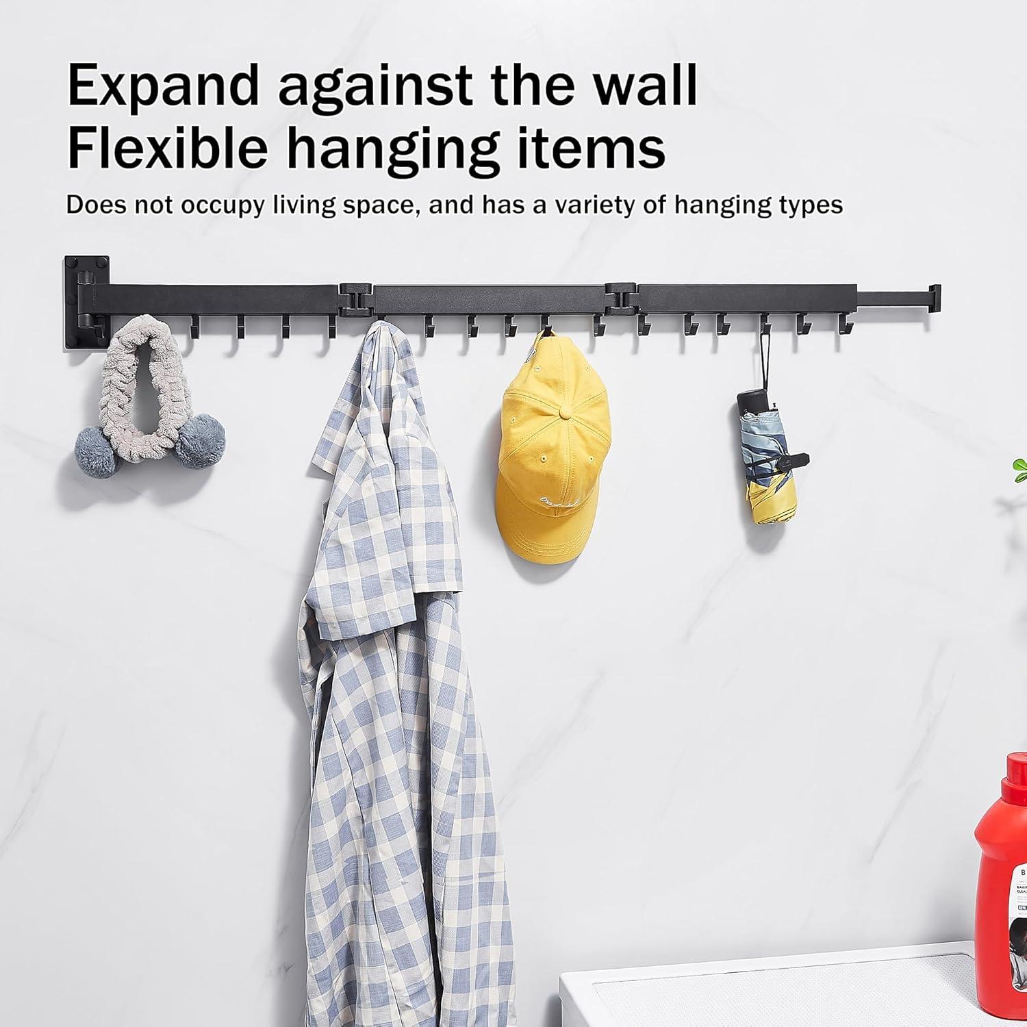 Wall Mounted Laundry Rack, Space Saver,Retractable,Collapsible(Tri-Fold), for Bathroom, Ring Type Hooks,Black Color