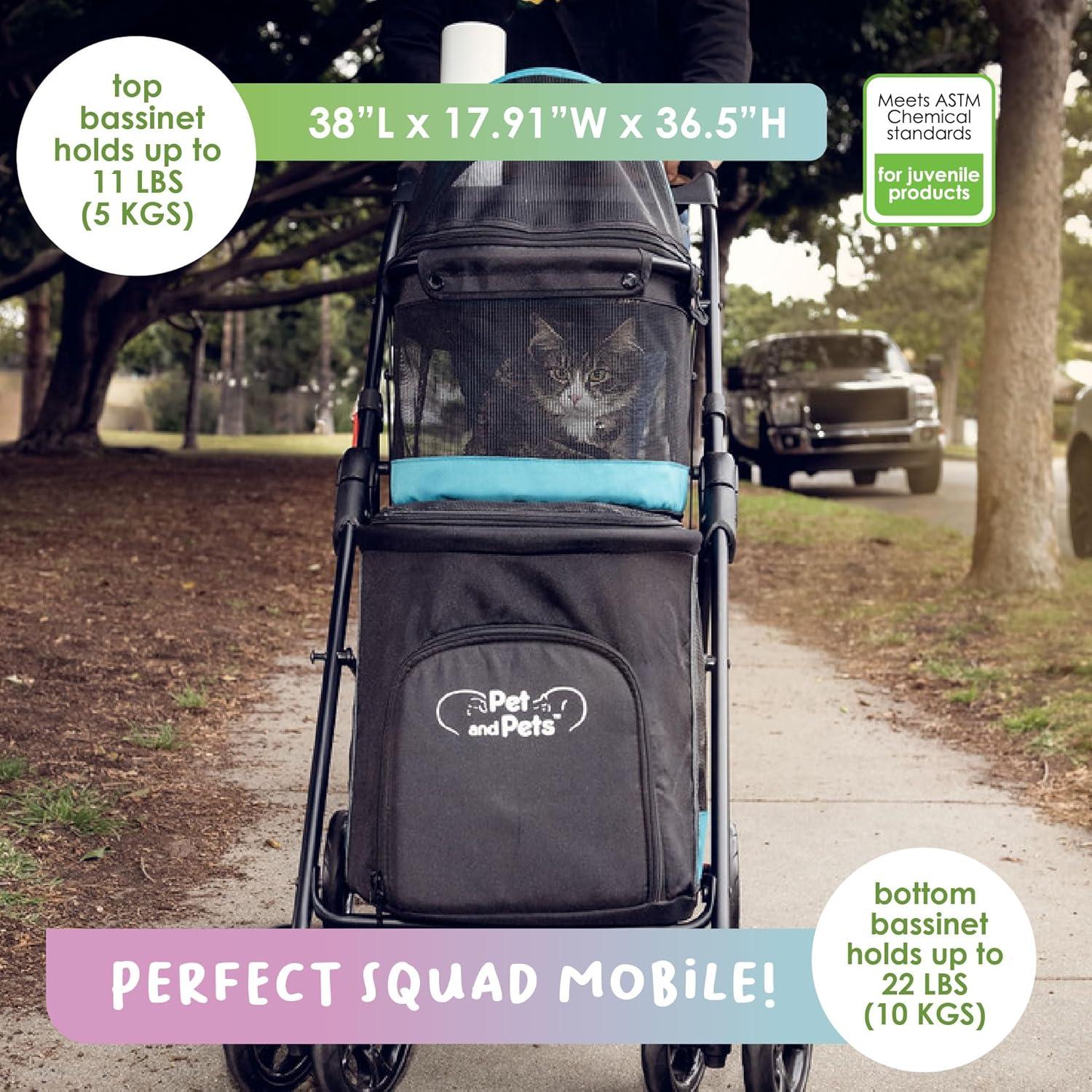 Teal Double Decker Pet Stroller with Mesh Windows