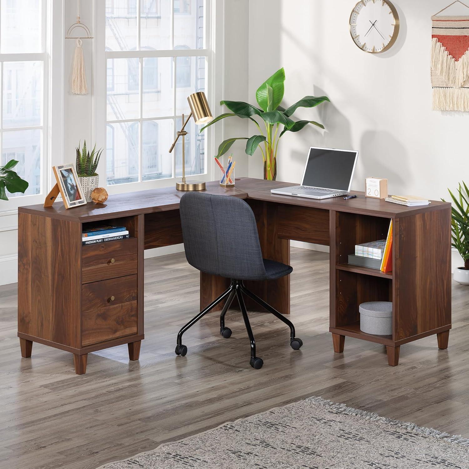 Grand Walnut L-Shaped Corner Desk with Drawers and Filing Cabinet