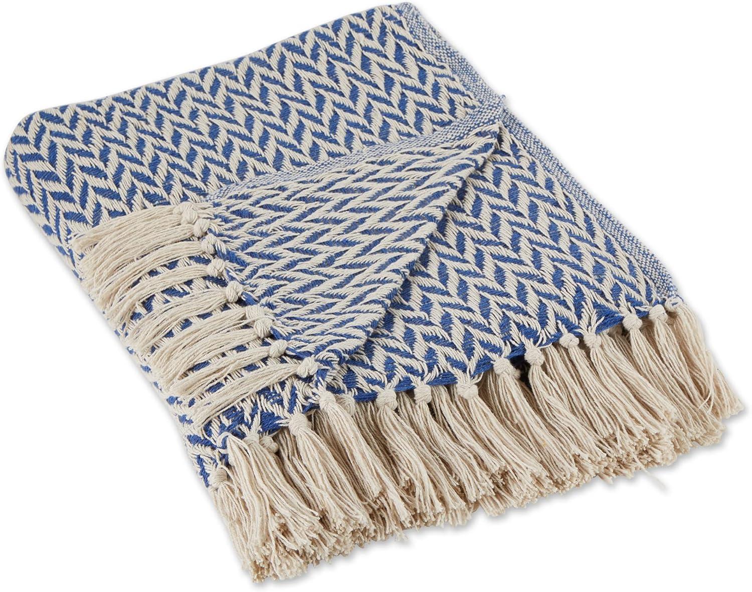 50"x60" Zig-Zag Throw Blanket French Blue - Design Imports: Woven Cotton, Hand-Knotted Fringe