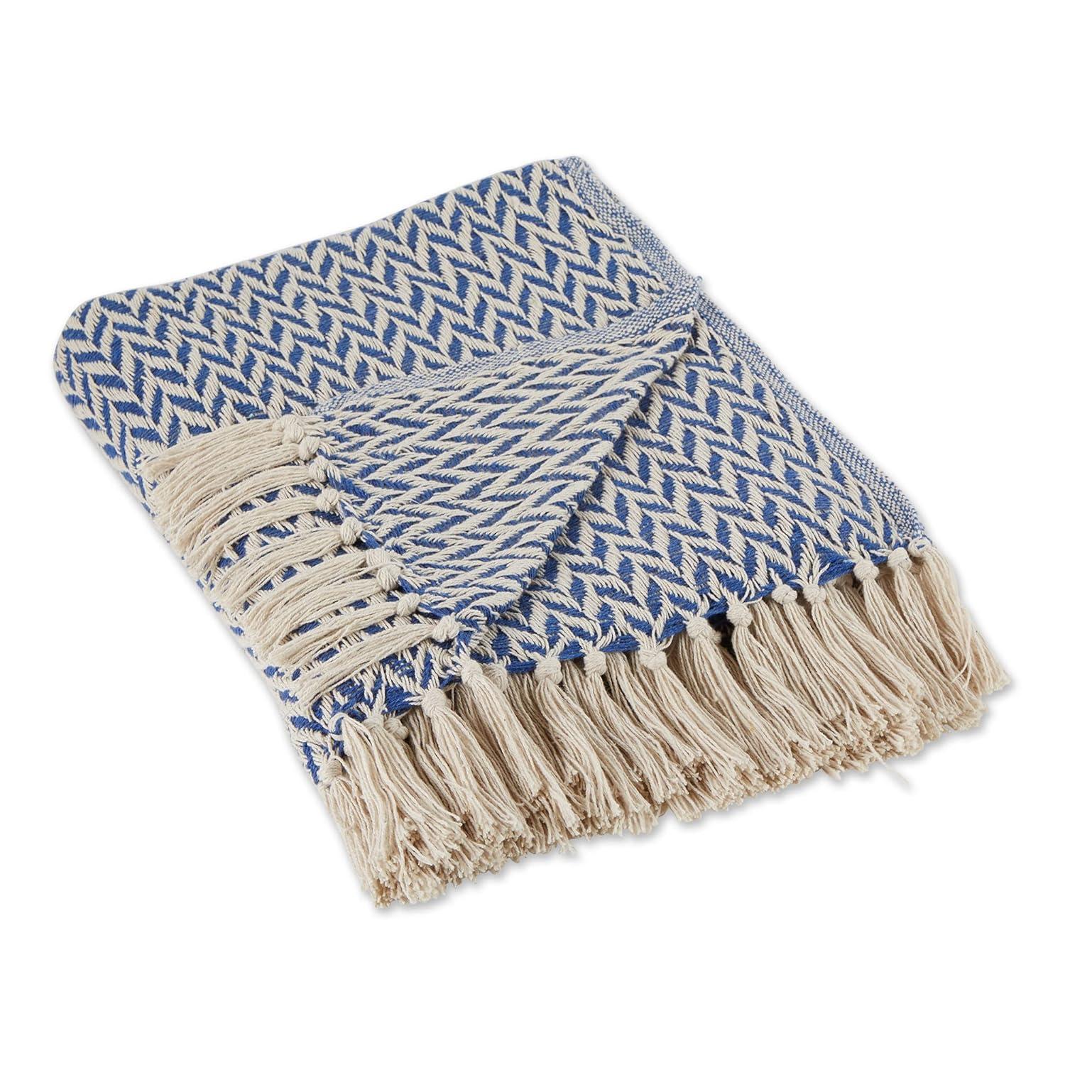 50"x60" Zig-Zag Throw Blanket French Blue - Design Imports: Woven Cotton, Hand-Knotted Fringe