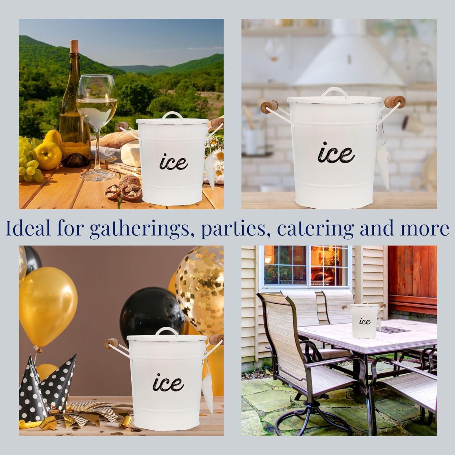 AuldHome Design White Farmhouse Enamelware Ice Bucket; Rustic Style Insulated Ice Server