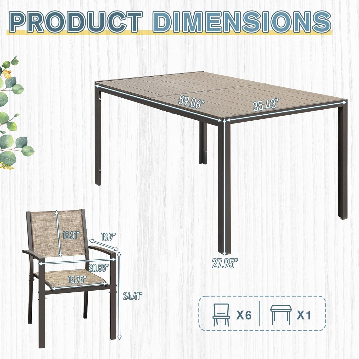 Homall Patio Dining Set 7 Pieces Outdoor Furniture with Large Table and 6 Textilene Chairs for Porch, Brown