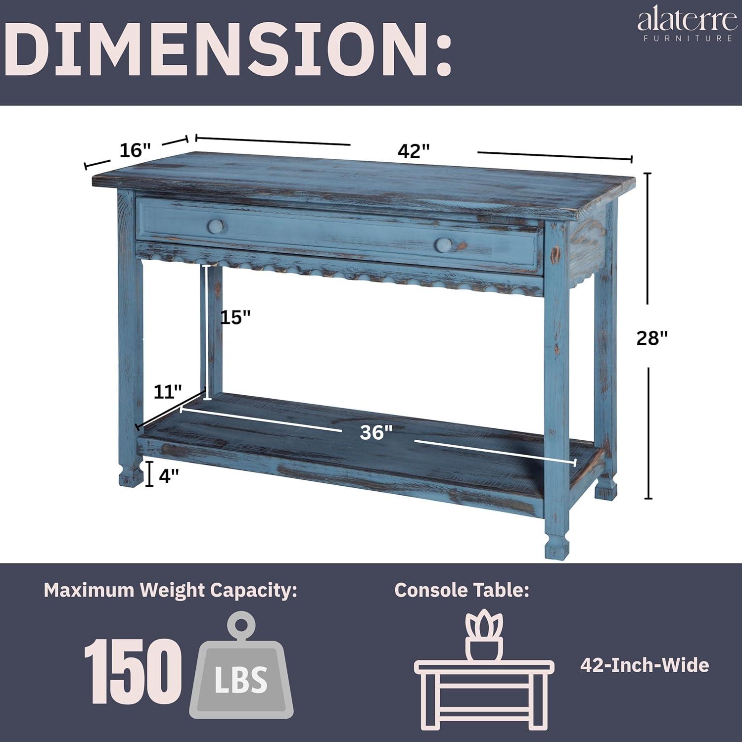Alaterre Furniture Country Cottage Media/Console Table, Solid Pine Wood Perfect for Living Room, Entryway, Hallway, Blue Antique Finish