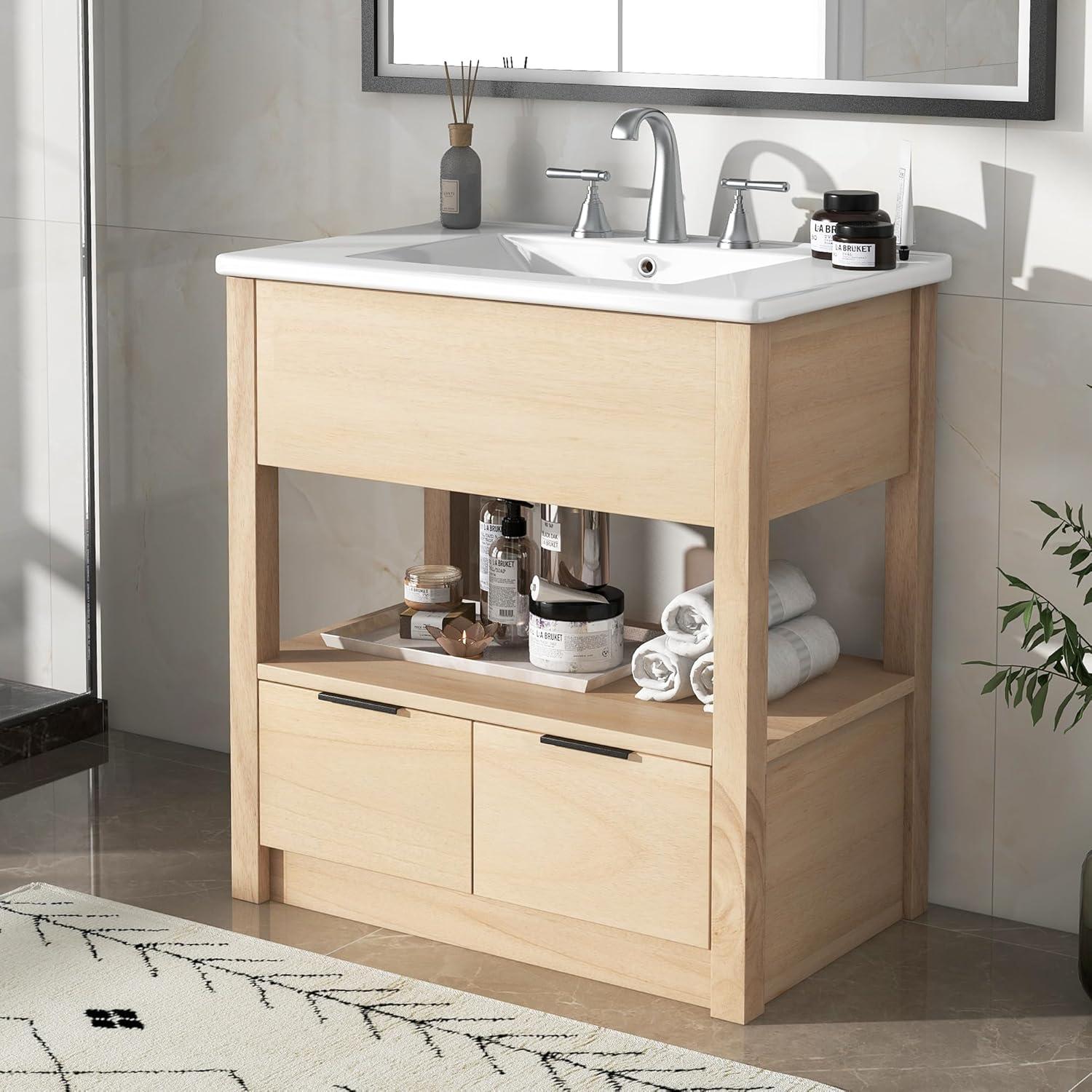 Natural 30" Bathroom Vanity with Ceramic Sink and Storage