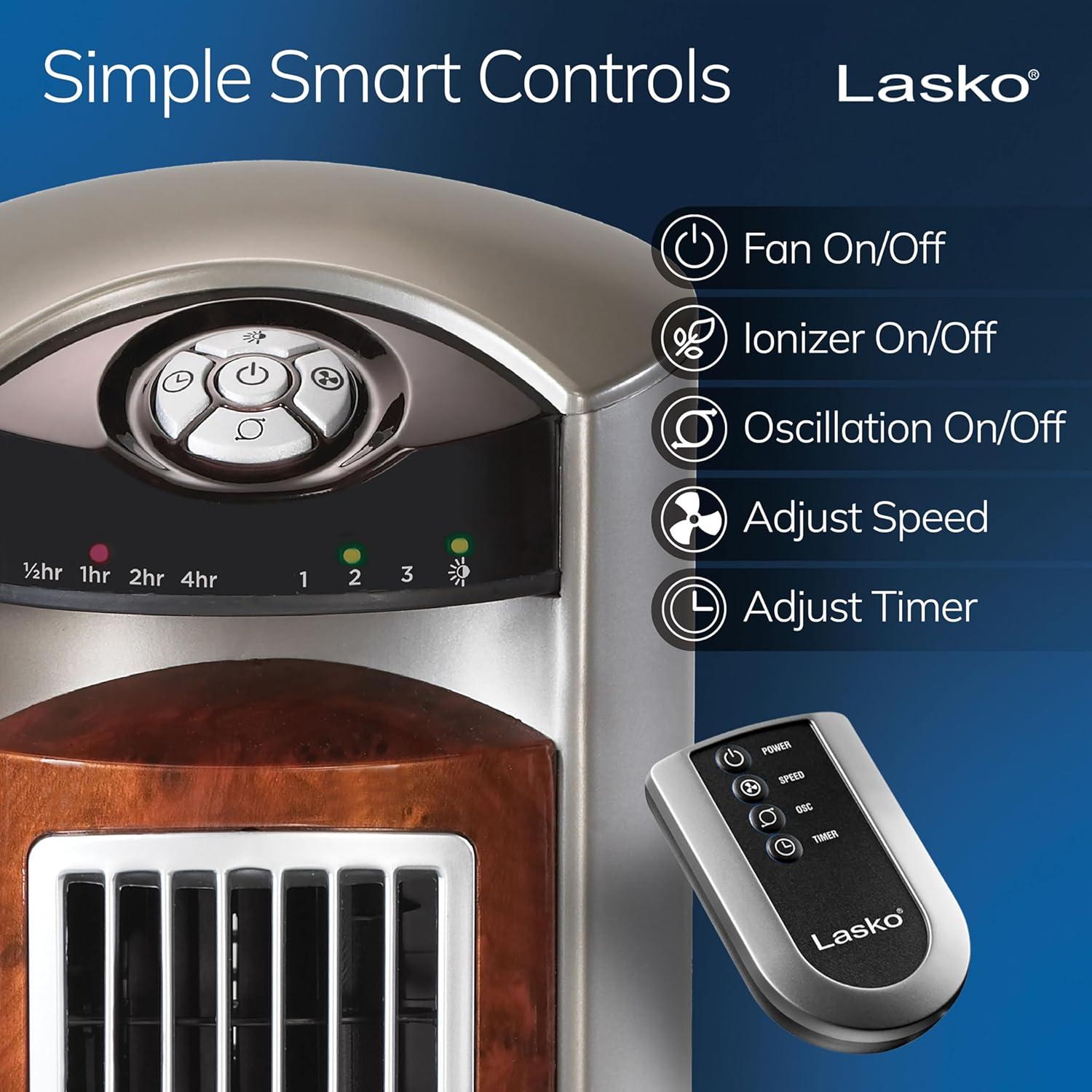 Lasko 42" Wind Curve Tower Fan with Nighttime Setting, Timer and Remote, Gray/Brown, T42954, New