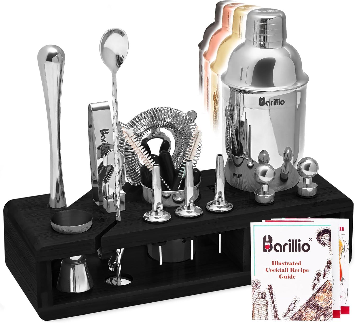 Silver Stainless Steel Bartender Kit with Black Bamboo Stand