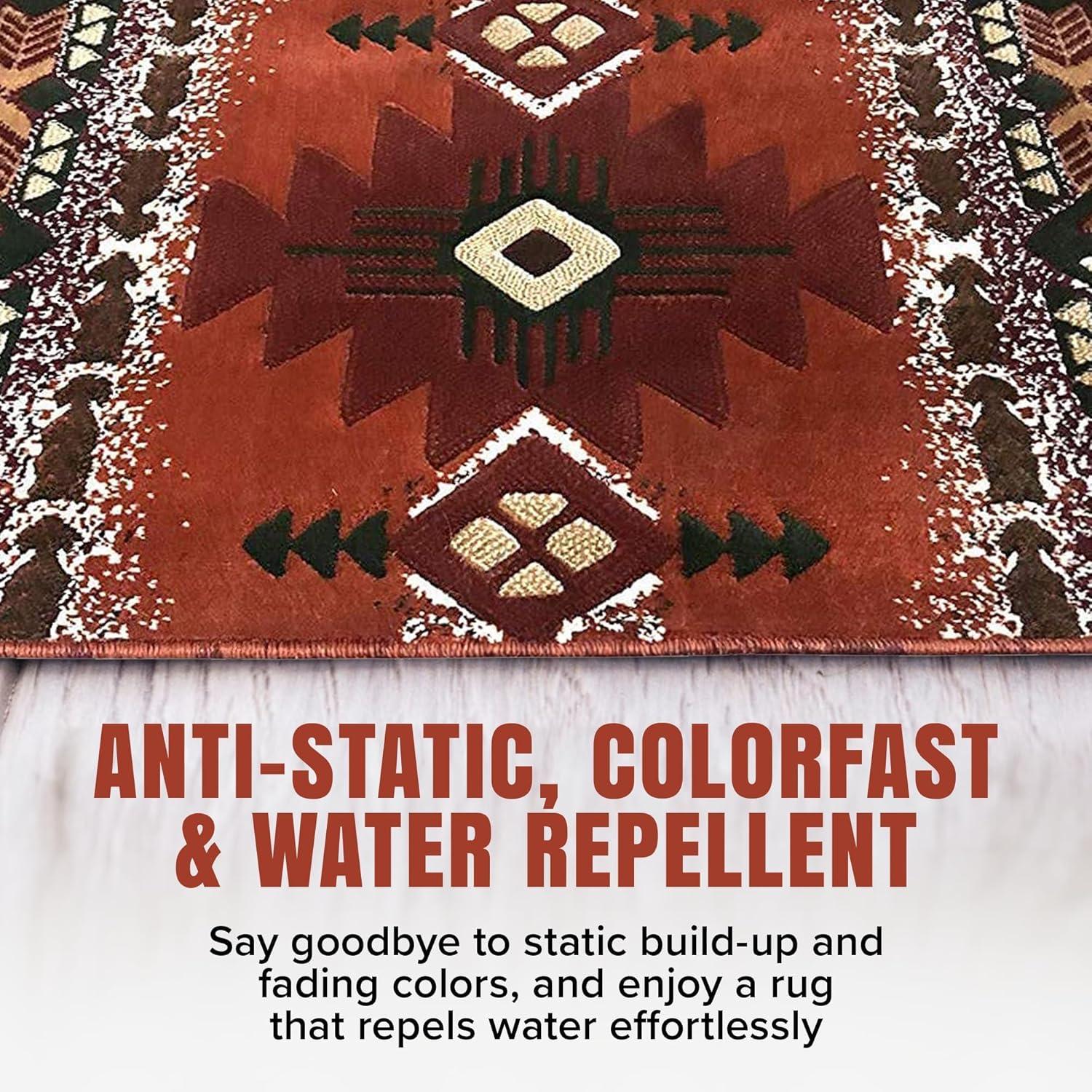 Rust and Green Geometric Synthetic 5' x 7' Area Rug