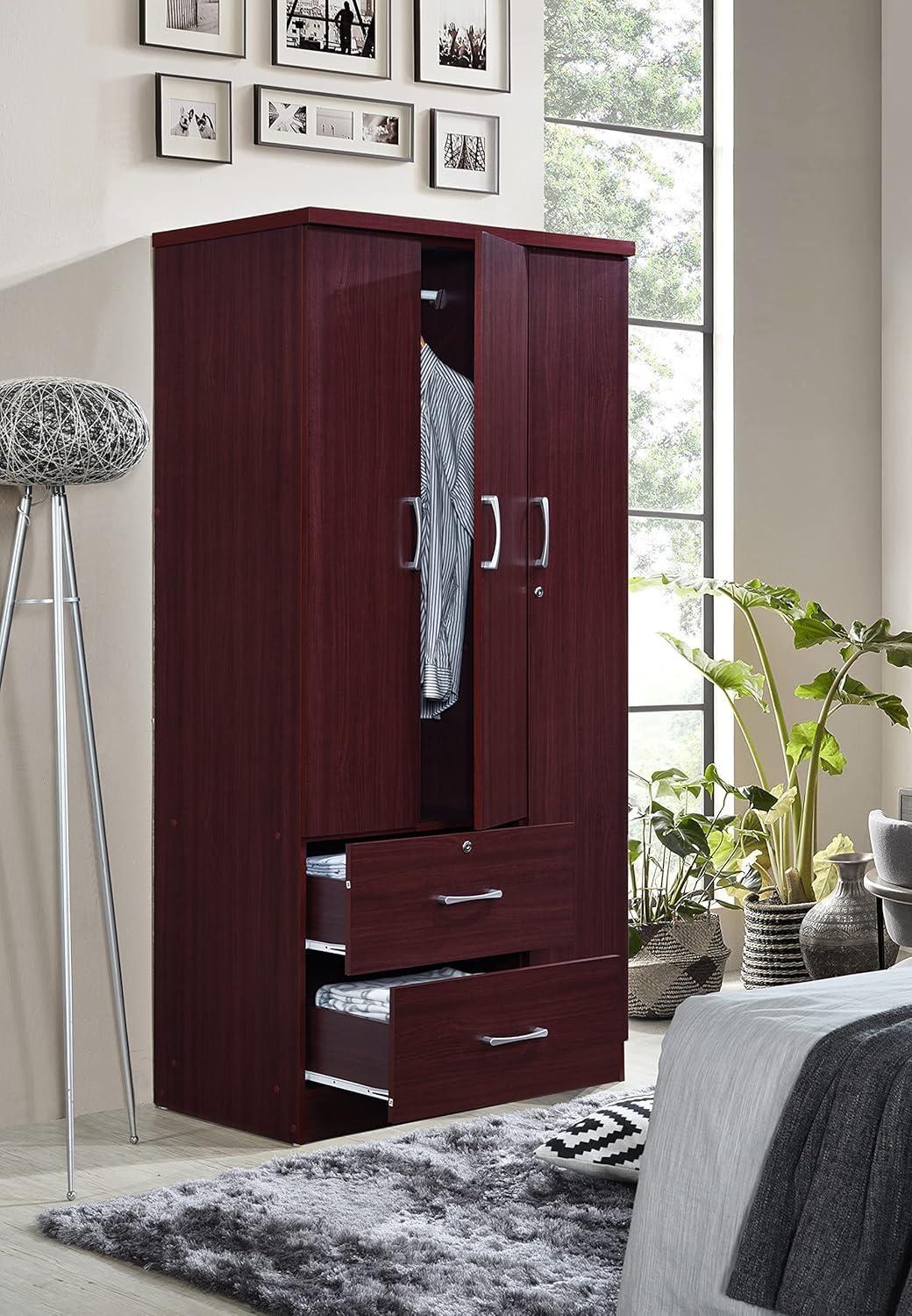 Mahogany 3-Door Armoire with Drawers and Shelves