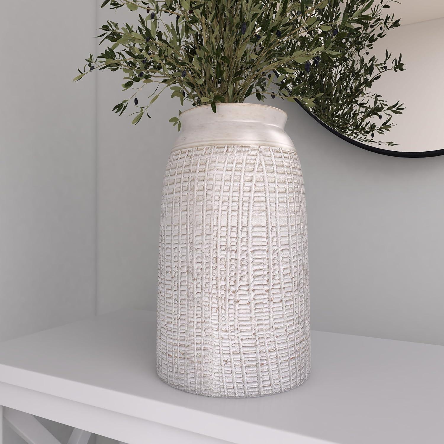 DecMode 11" Carved White Ceramic Vase with Crosshatch Design