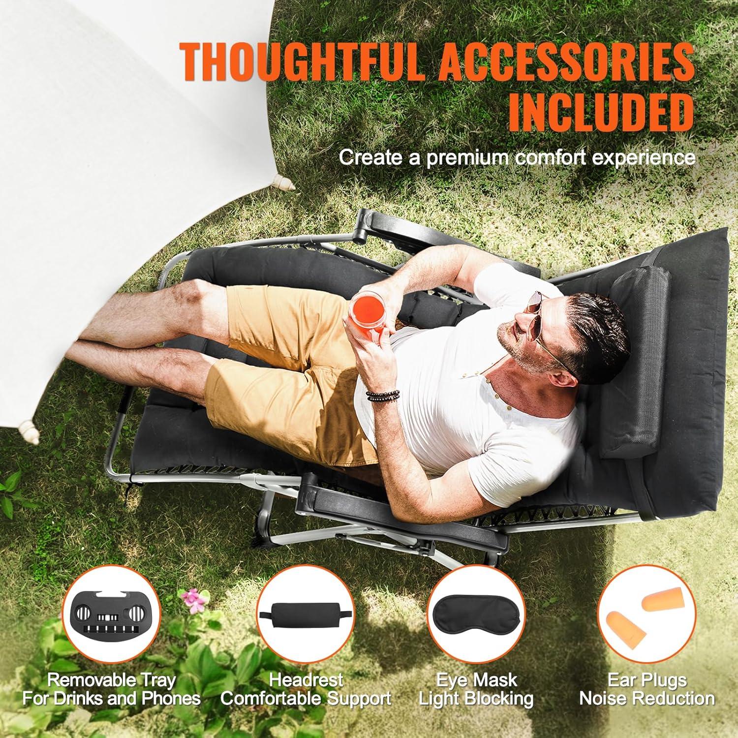 VEVOR Zero Gravity Chair, 33 inch Zero Gravity Recliner Lounge Chair for Indoor and Outdoor, Adjustable Anti Gravity Chair with Cushion, Headrest, Footrest, and Cupholder, 500 lbs, Black