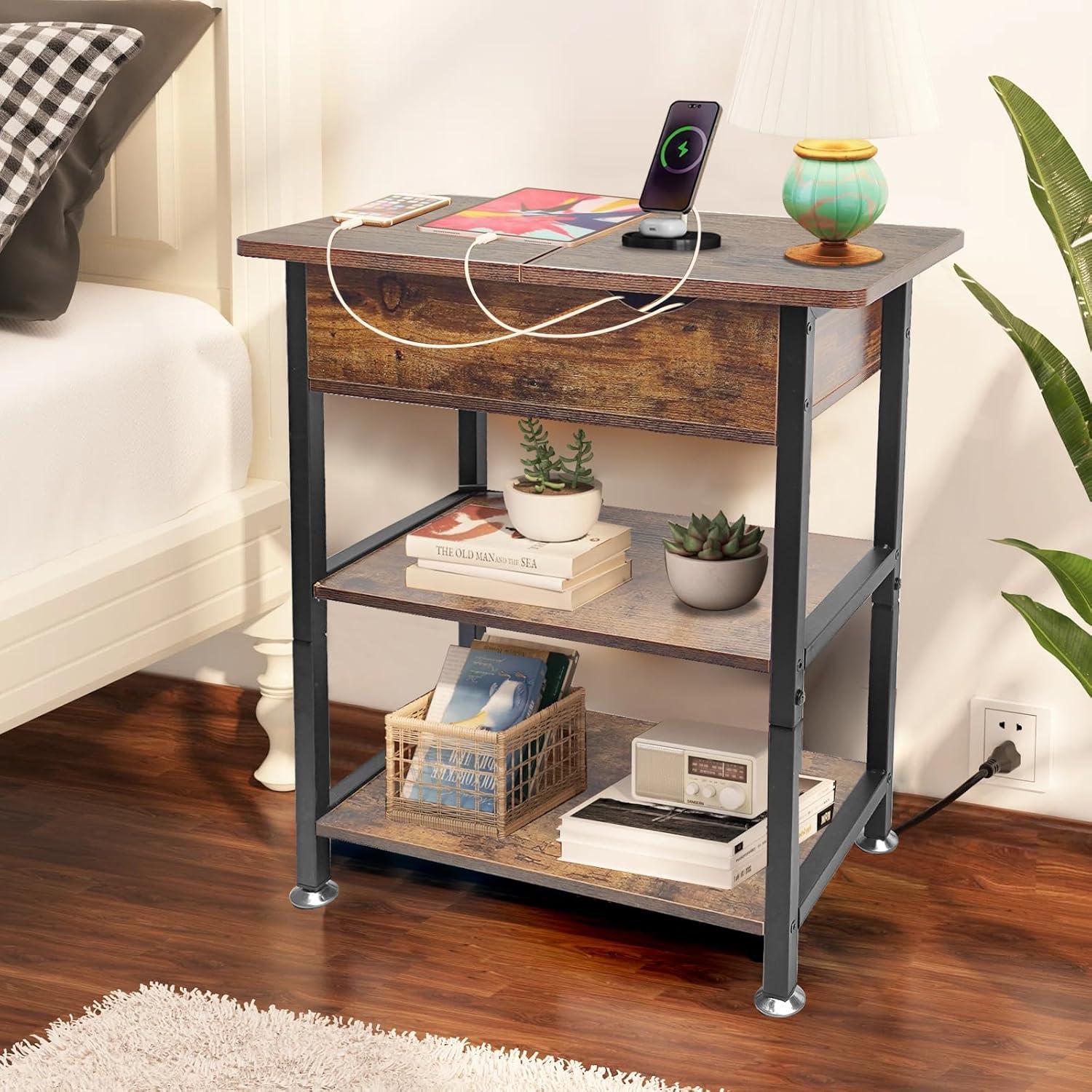 Brown Metal and Wood Flip Top Side Table with Storage and Charging Station