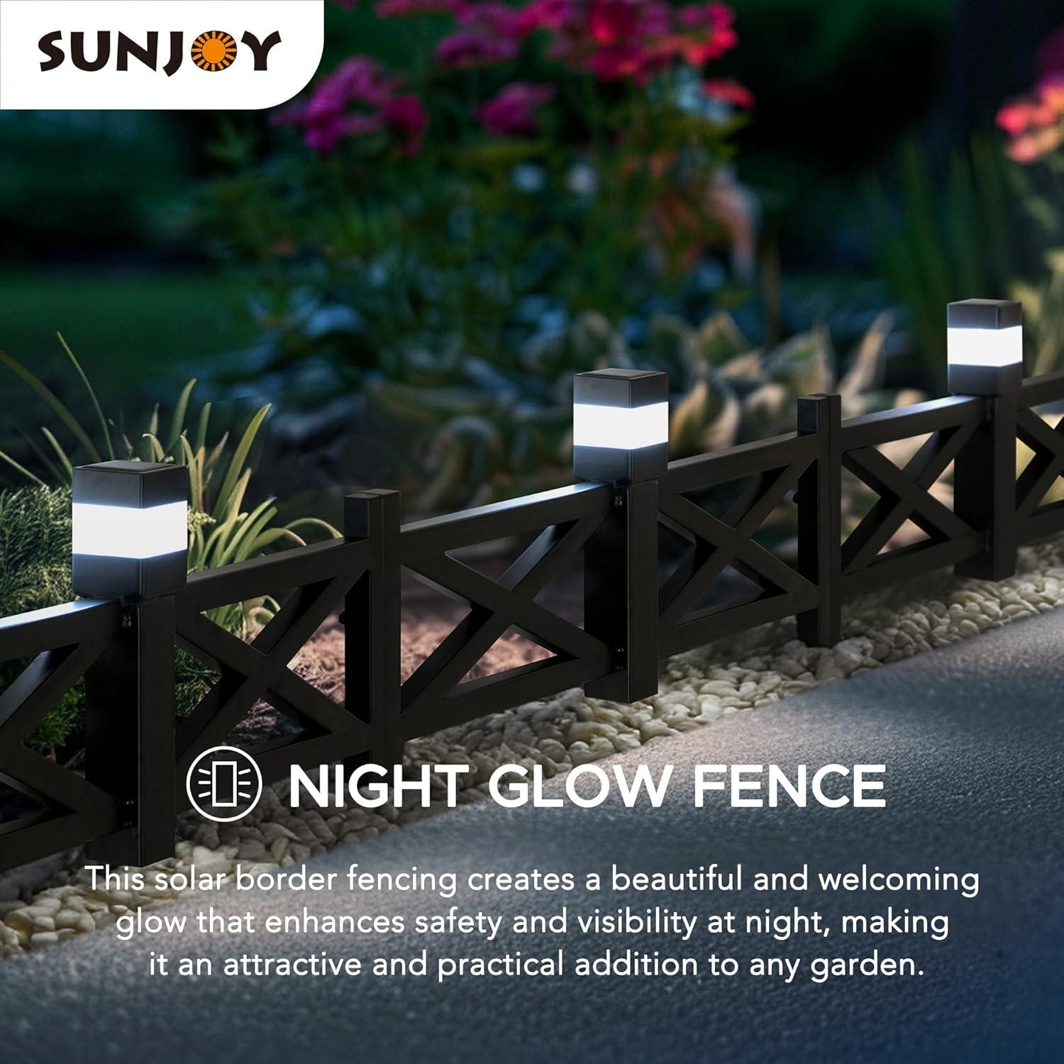 SUNJOY Garden Fence Solar Border Fencing with Waterproof LED Path Lights, Metal Lattice Fence Panel Outdoor Decorative Garden Fences(5PK), Black