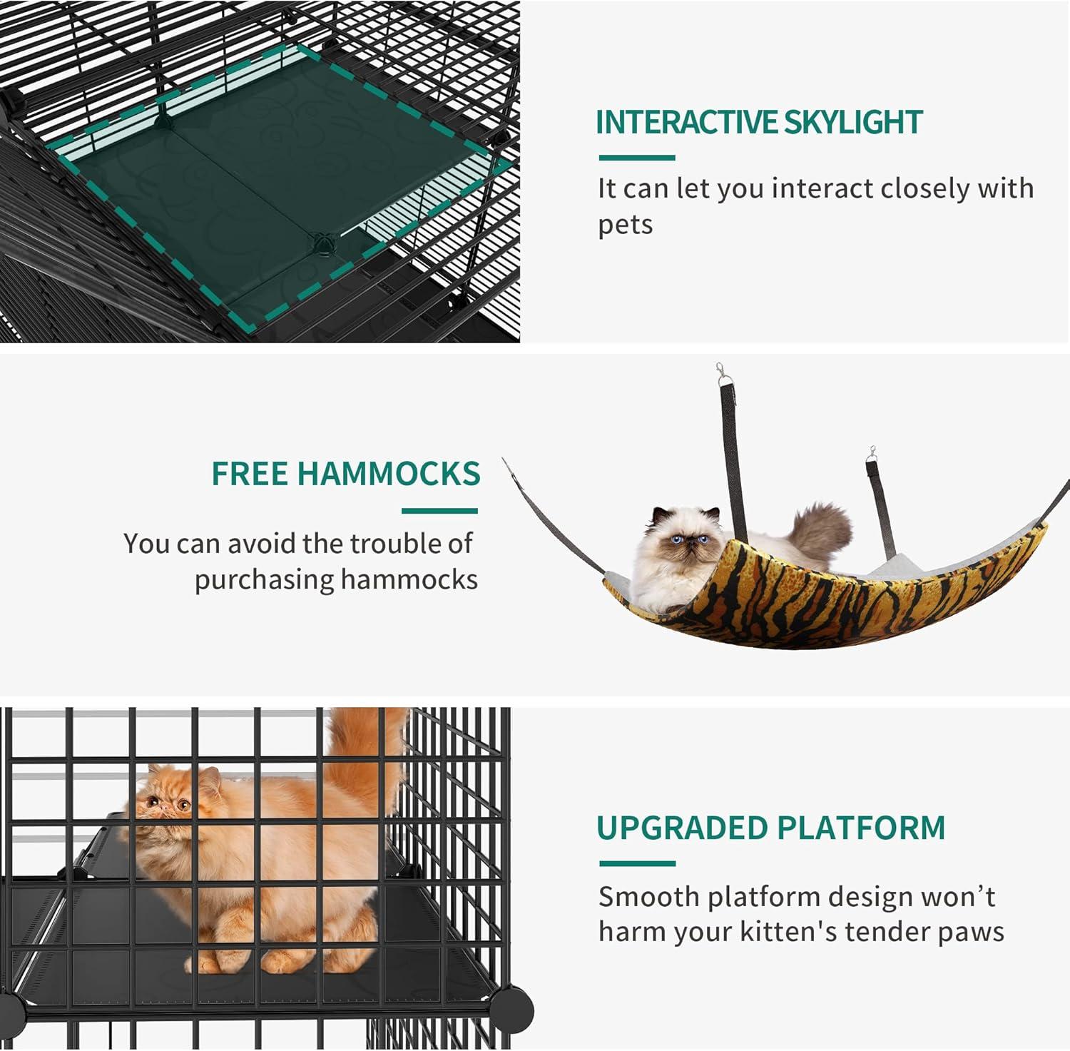 Cat Cage Indoor Catio DIY Cat Enclosures Metal Cat Playpen 3-Tiers Kennels Pet Crate with Extra Large Hammock for 1-2 Cats, Rabbit