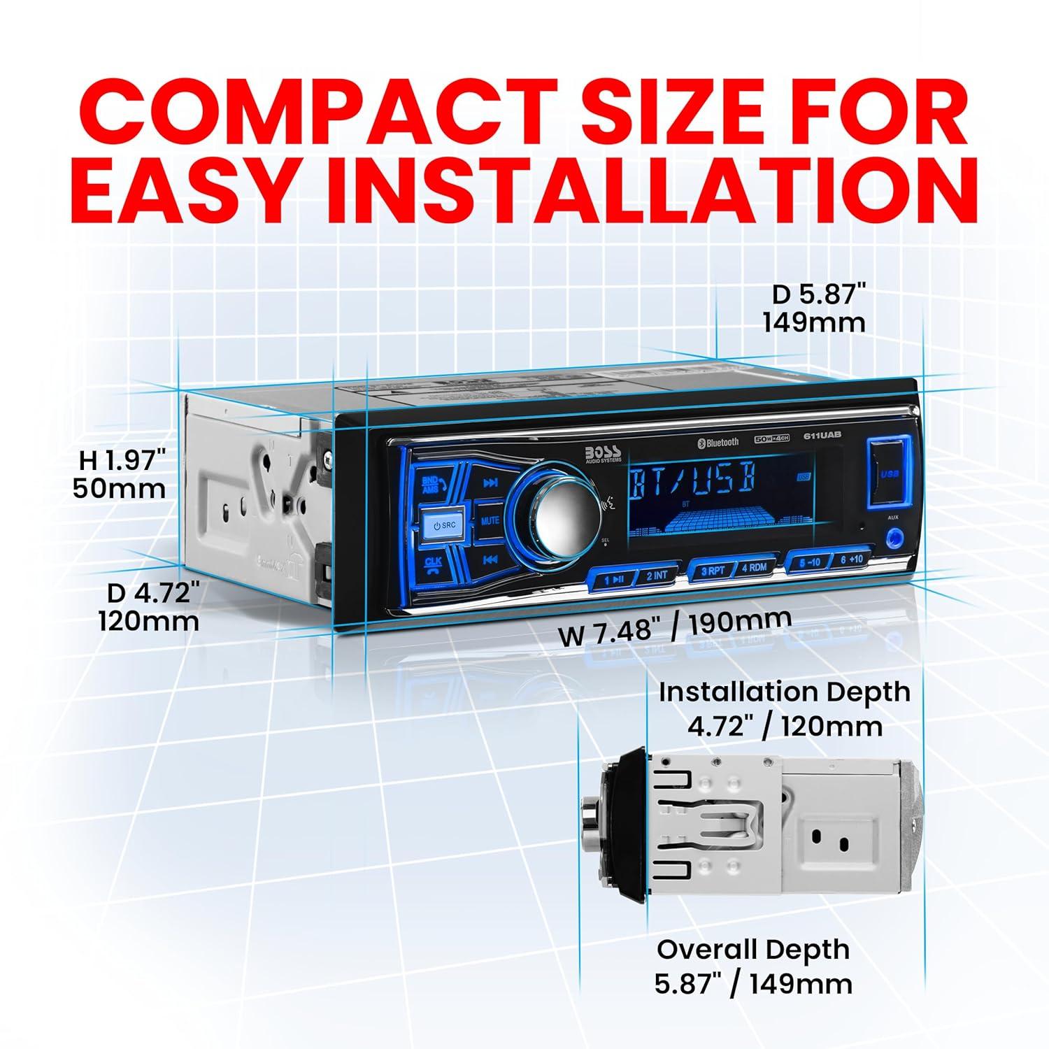 BOSS Audio Systems 611UAB Car Stereo - Single Din, Bluetooth, No CD DVD Player, AM/FM Radio Receiver, Aux Input, USB