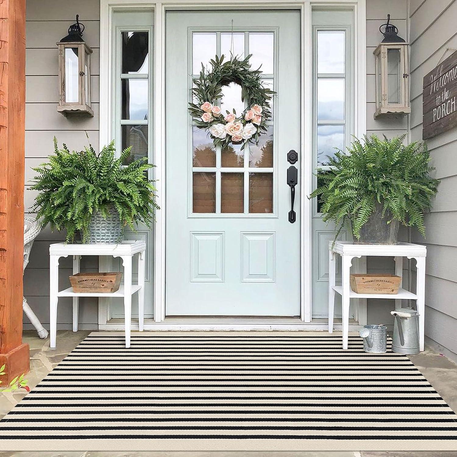 IOHOUZE Navy and White Striped Rug 2'x3' Front Door Rugs, Small Washable Area Rug for Front Porch, Spring Summer Doormats Outdoor Indoor, Cotton Rugs for Entryway Porch Entrance