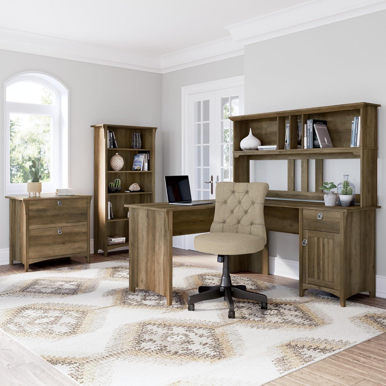 Bush Furniture Salinas 60" L Shaped Desk with Storage, Reclaimed Pine