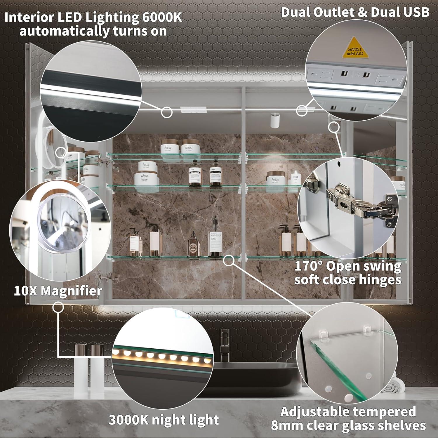 MEDUNJESS 72''x36'' Surface or Recessed Mount LED Medicine Cabinet with Mirror and Defogger 3 doors Medicine Cabinet