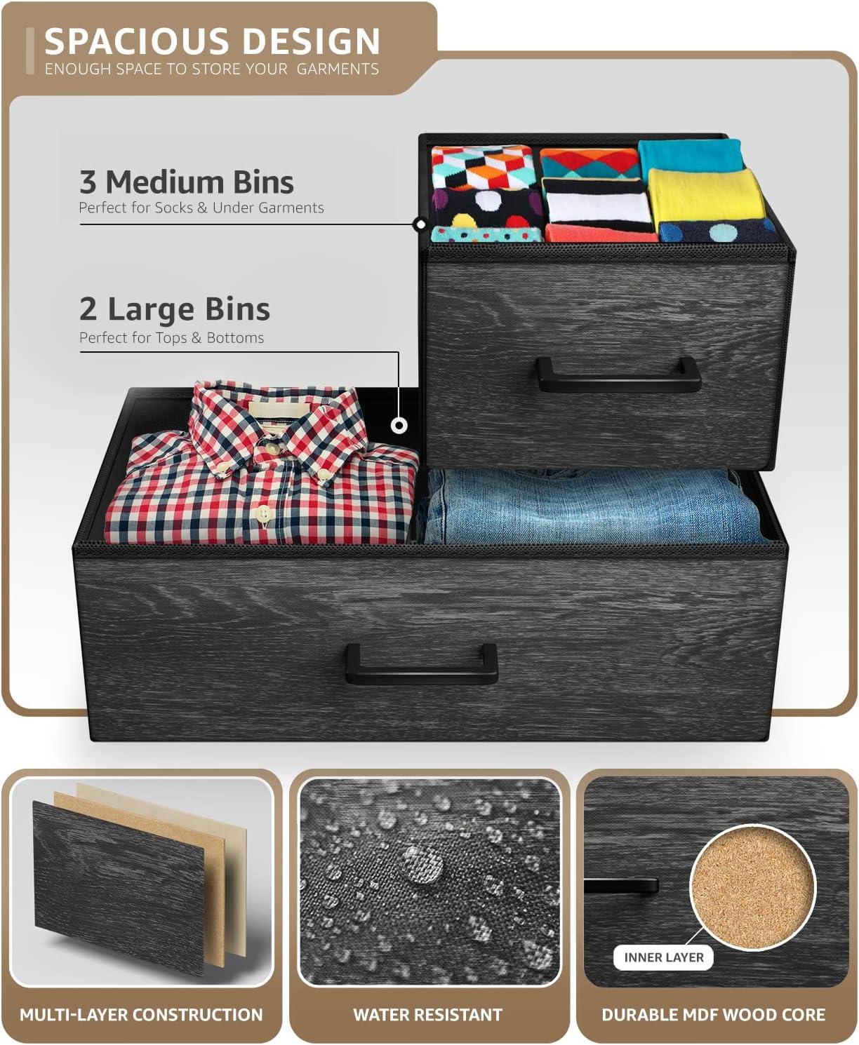 Sorbus Dresser with 5 Drawers with Steel Frame, Wood Tops, and Fabric Bins in Rustic Black