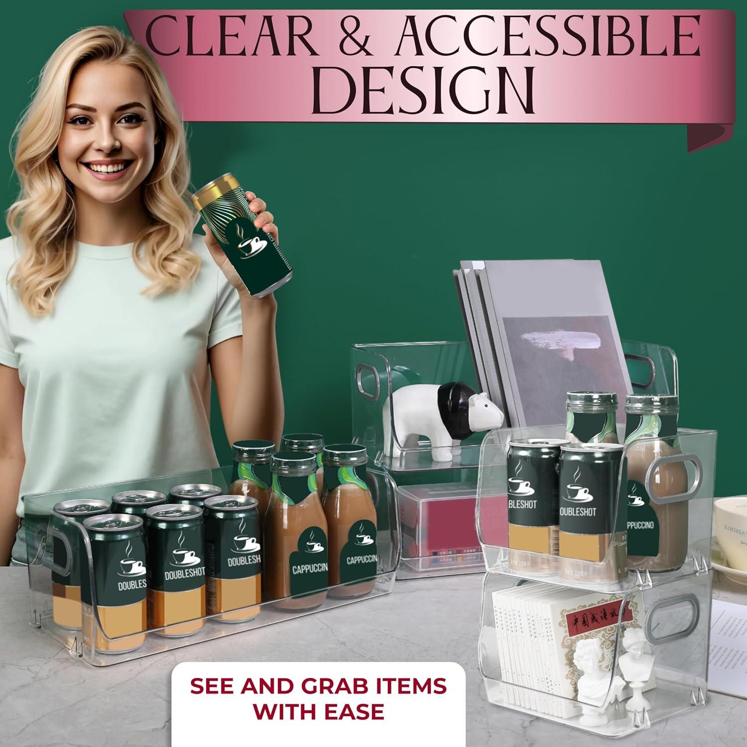 Skywin Stackable Clear Storage Bins For Pantry (2 Small + 2 Large) - Clear Acrylic Organizers and Storage Bin For Kitchen’s Shelf, Cupboard, or Cabinet - Clear Containers for Organizing Snacks