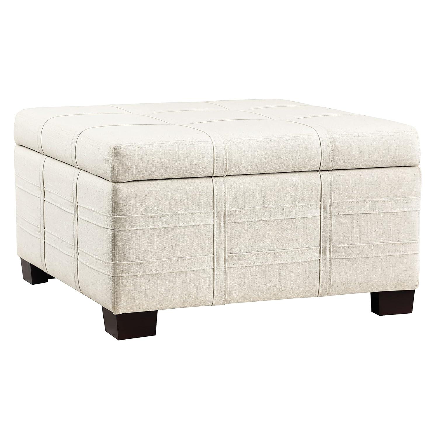 Detour Strap Square Storage Ottoman in Linen White Fabric