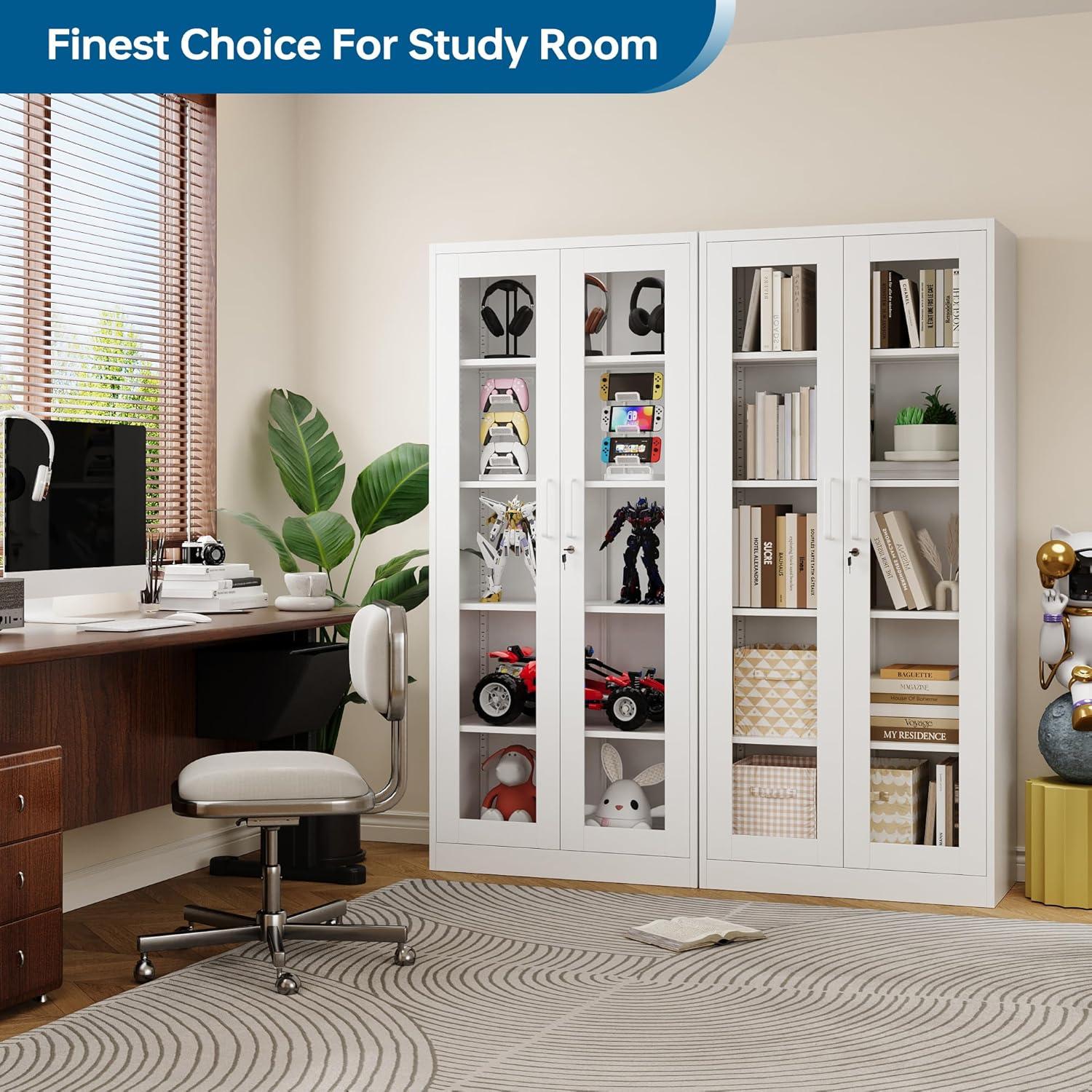 Display Cabinet With Glass Doors, Curio Cabinets With 4 Adjustable Shelves, Locking Glass Cabinet Display Case For Home, Office, Clinic, Pantry, Assemble Required