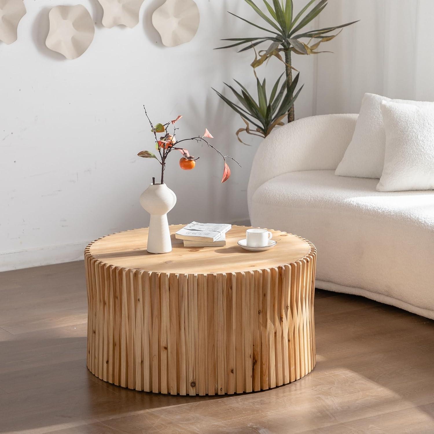 Natural Wood Cylindrical Coffee Table with Vertical Texture Relief