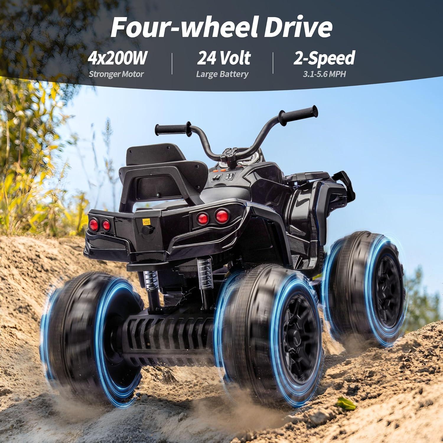 Outfunny Shark Kids ATV 4-Wheeler, 24 Volt 4WD Ride on Toy for Big Kid w/Bluetooth, 4x200W Motor, 5.6Mph Max Speed