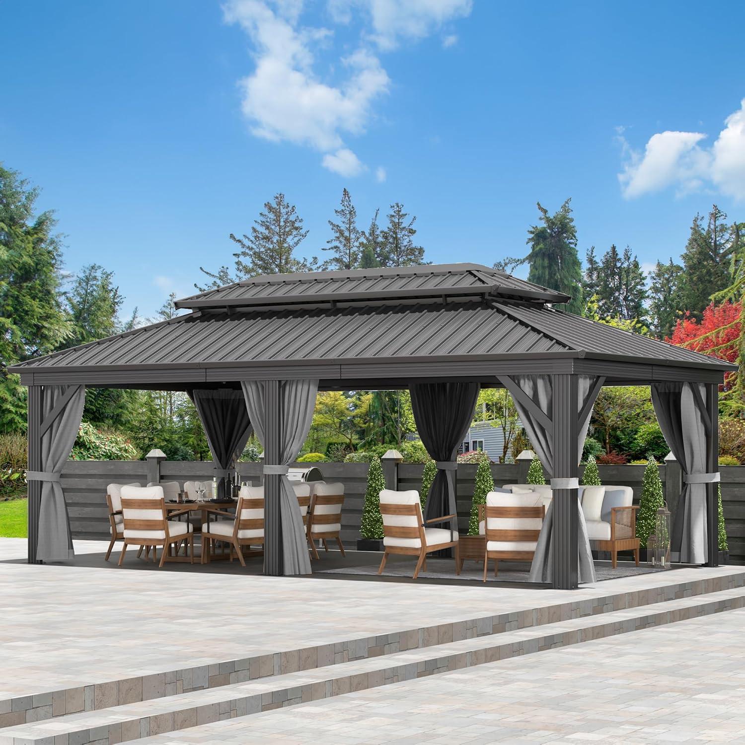 Aoxun 12x20 Hardtop Gazebo, Outdoor Galvanized Steel Double Roof Canopy with Netting and Curtains for Garden, Patio, Lawns, Gray