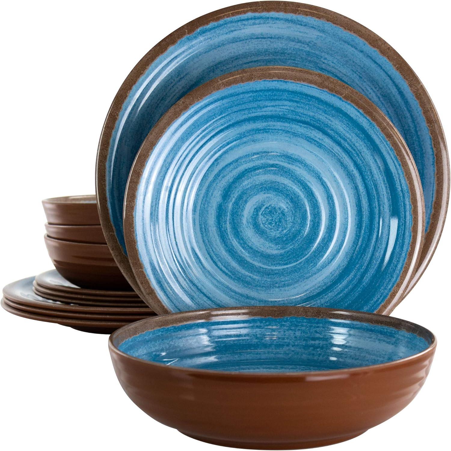 12pc Melamine Rippled Tides Dinnerware Set Blue - Elama: Solid Pattern, Service for 4, Dishwasher-Safe, Dish Set